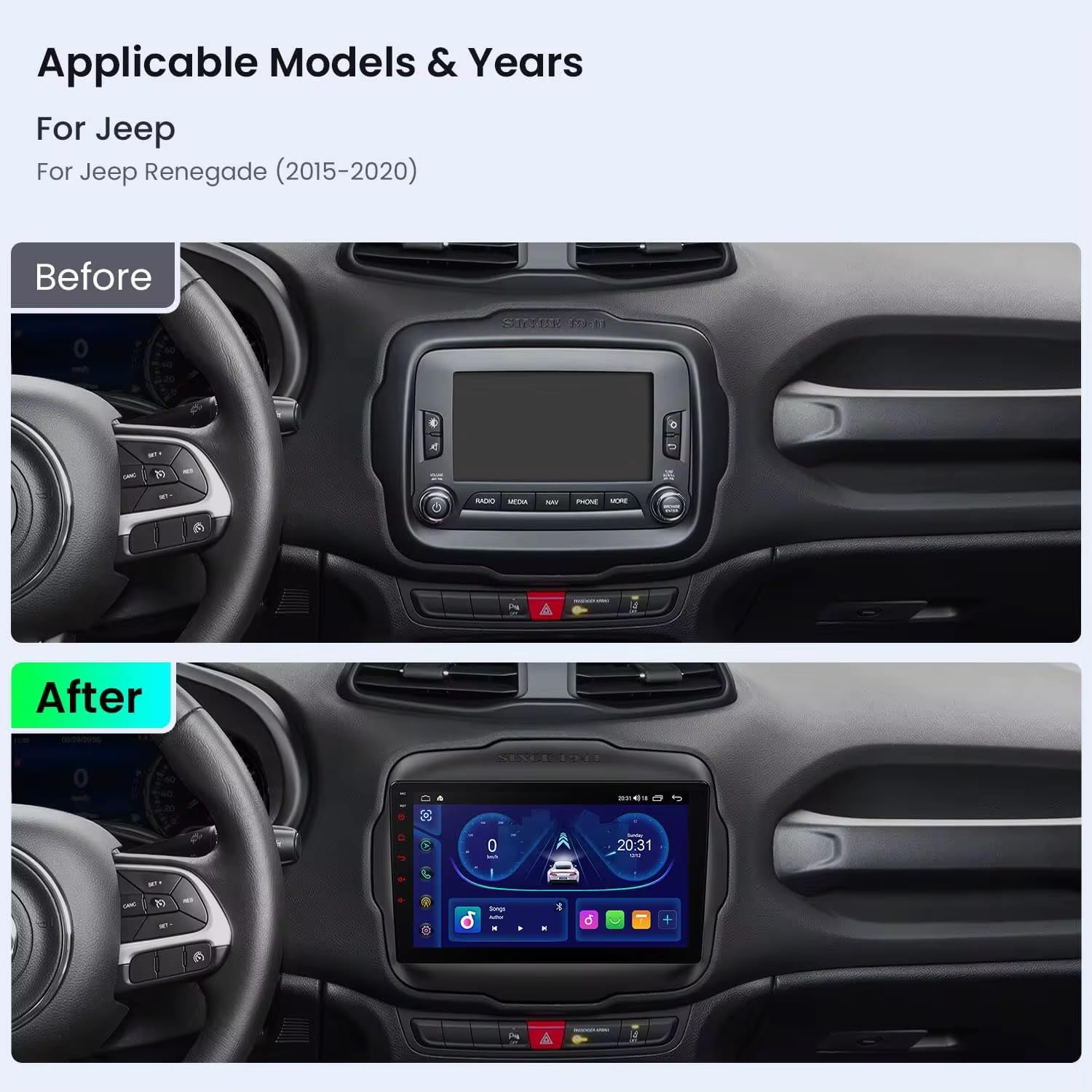 Autoradio Android 9 Pollici per Jeep Renegade 2014-2019, Schermo Touch HD, Apple CarPlay & Android Auto, GPS Navigatore, Bluetooth WiFi USB (4GB RAM 64GB ROM) CTB-RNG10X