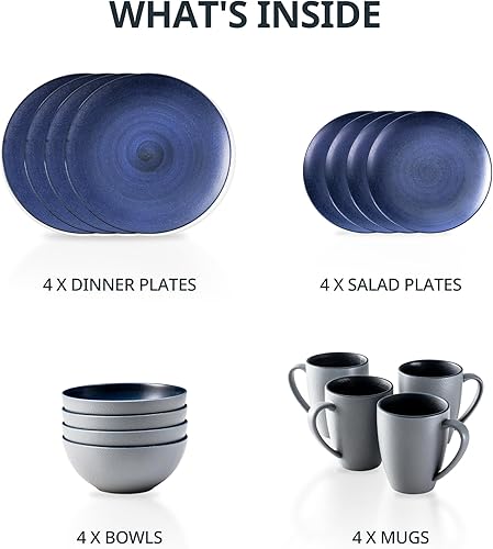 Miniatura 9 de Larinest Juego de vajilla de 16 piezas, platos y cuencos, platos, cuencos y tazas, servicio para 4, apto para microondas y lavavajillas, resistente