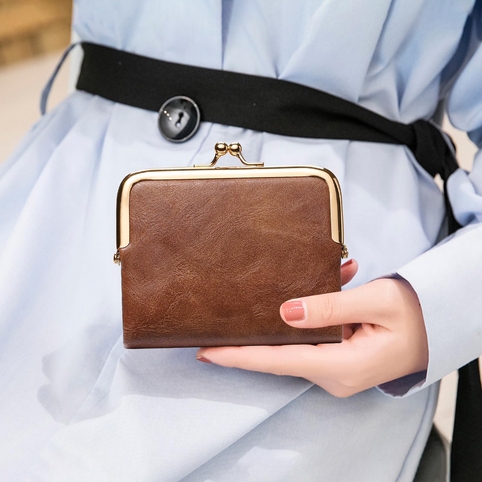 FALAN MULE Kleine kompakte Geldbörse für Damen, RFID Blockierung von Bifold Leder Geldbörsen ，mit Reißverschluss und Kussschloss