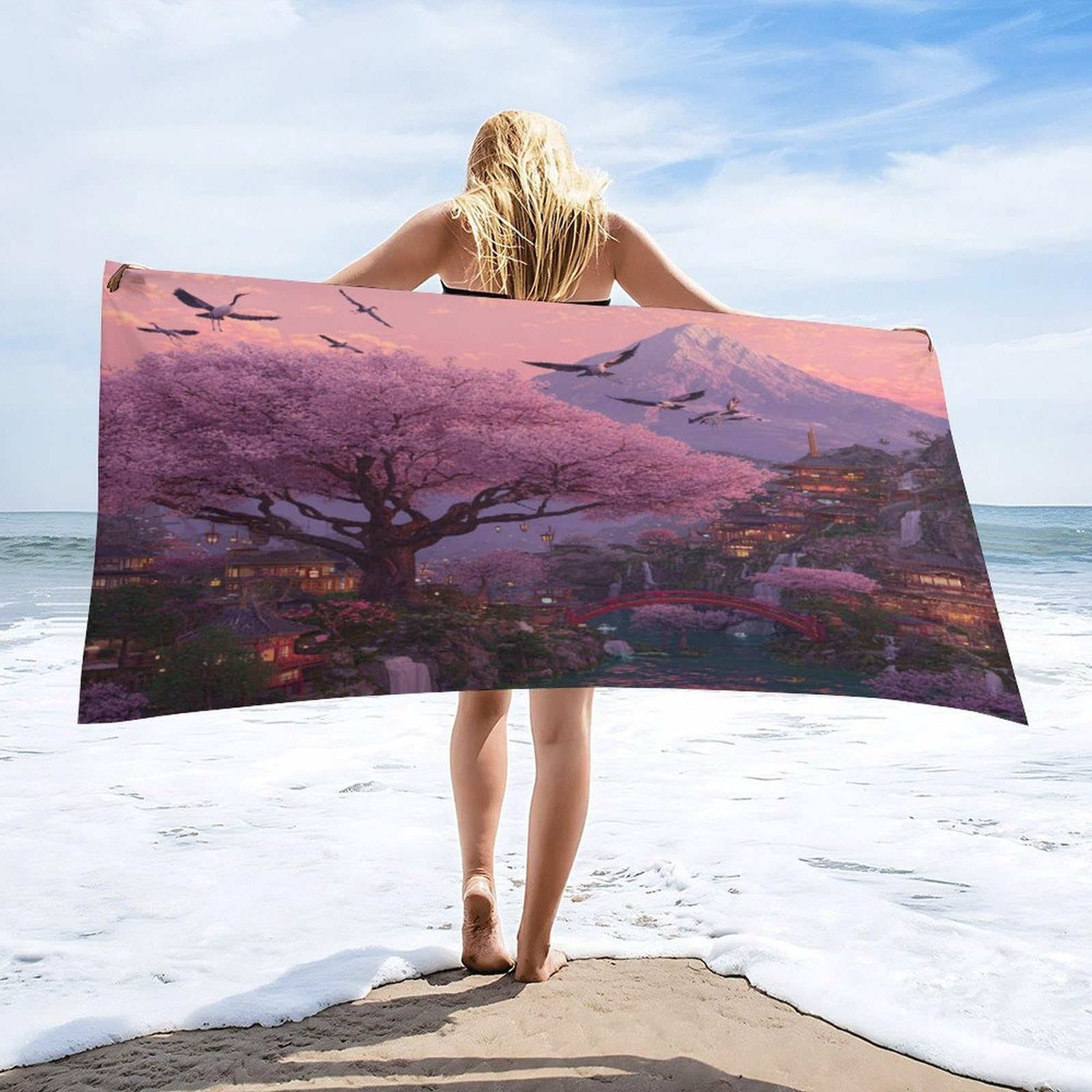 Luyysky Classic Elegant Animal Crane Quick-Drying Beach Towel, Vintage Aesthetic Japanese Mount Fuji Plant Cherry Blossoms Travel Vacation Single Sided Pile Bathroom Towels-80 W Cm X 160" L Cm