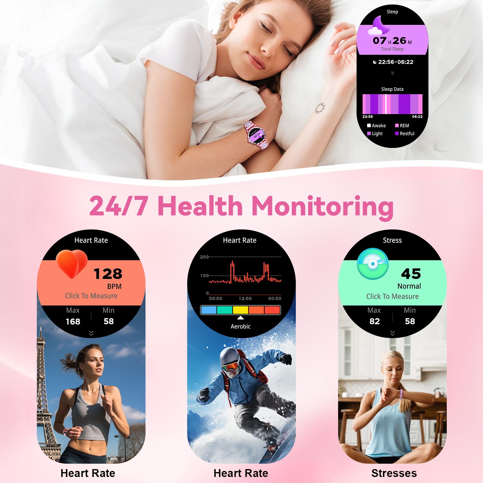 Smartwatch Mujer, 1.2" Reloj Inteligente Mujer con Llamadas Bluetooth y Whatsapp Notificación, 100+ Deportivos Modos Smart Watch con Monitor Sueño, Smartwatch Impermeable para Android iOS