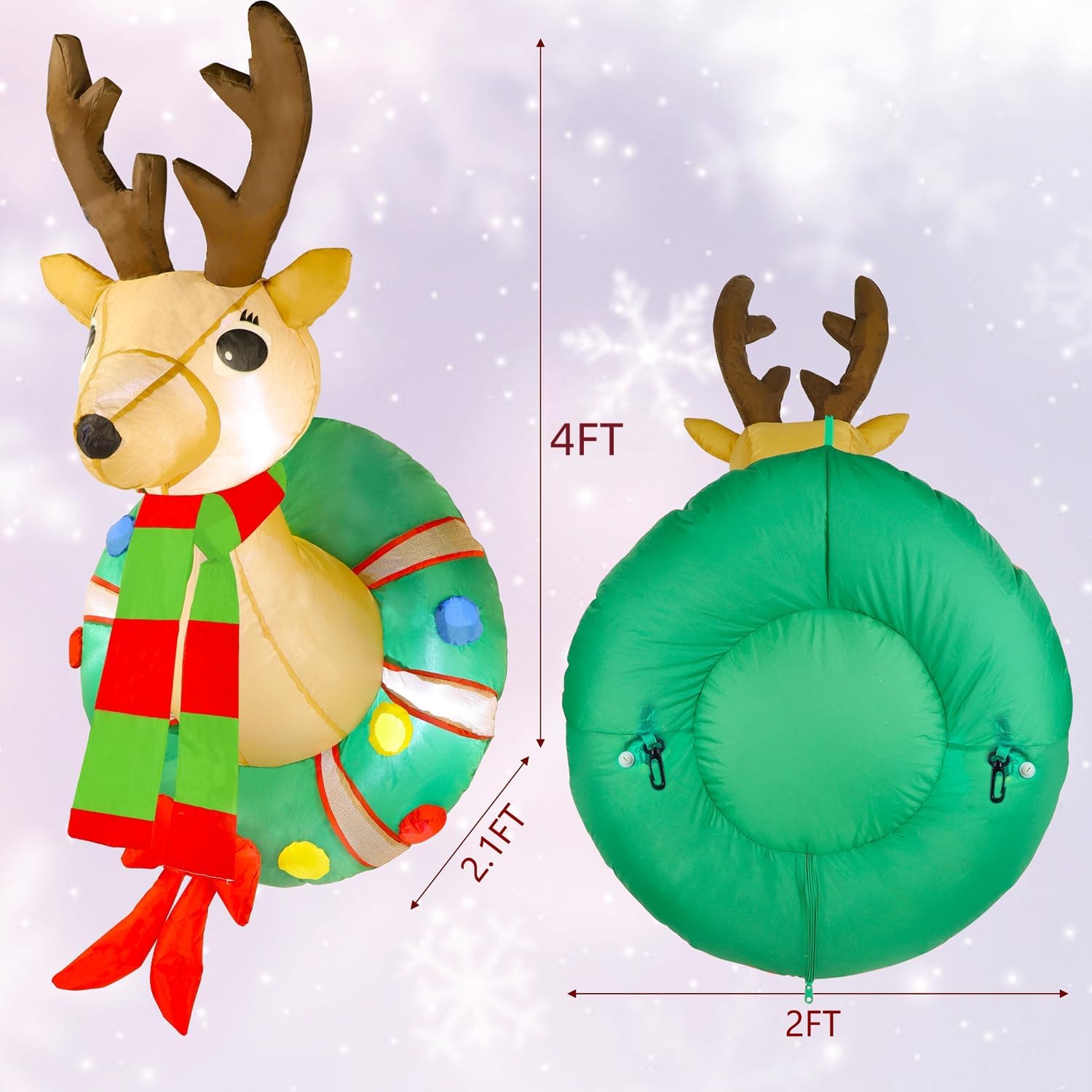 Juegoal 4 FT Christmas Inflatable Rudolph Wreath, Lighted Blow Up Reindeer with Built in LED Lights, Indoor/Outdoor Xmas Holiday Decor, Light Up Front Door Window Lawn Yard Garden Decorations