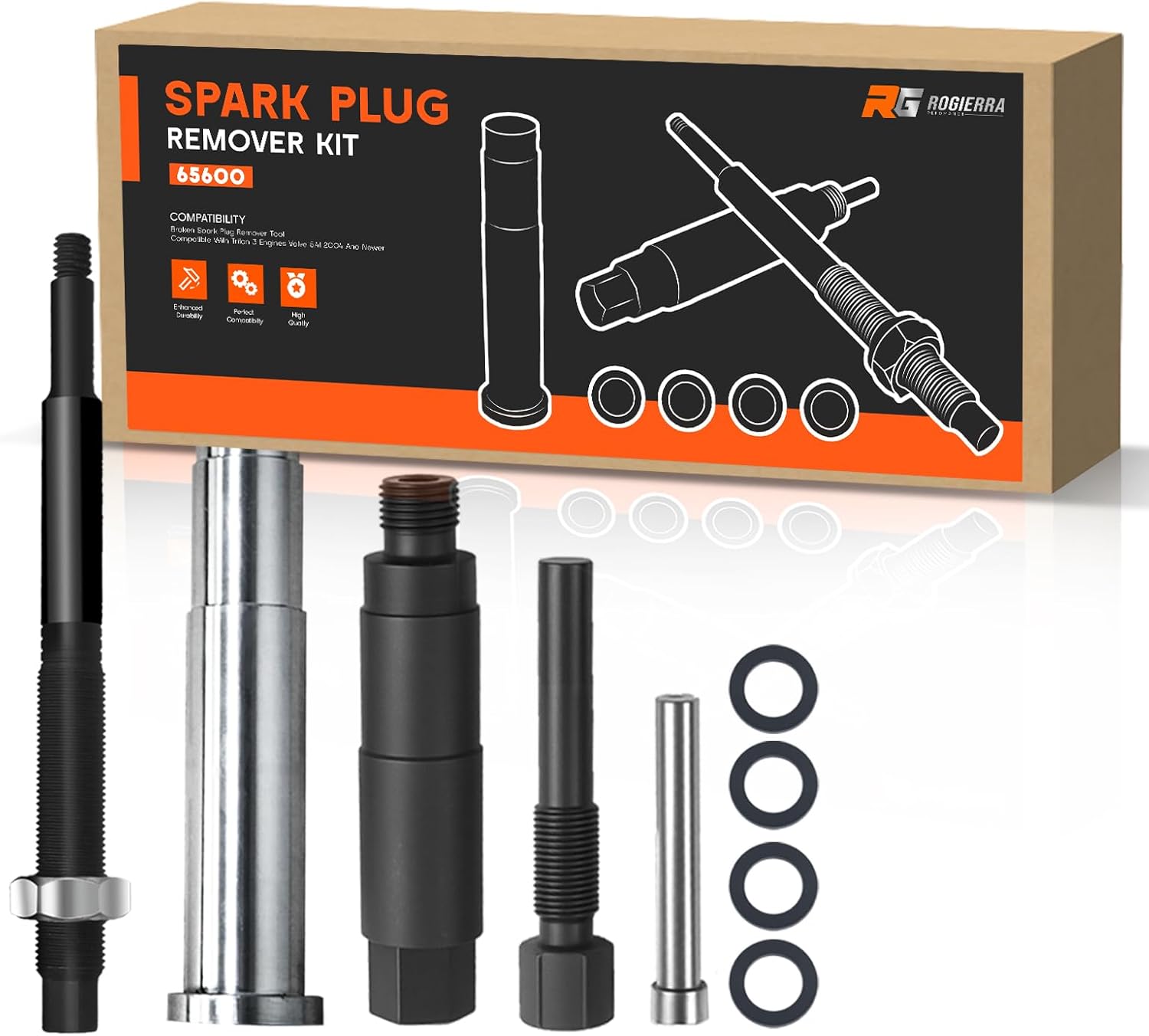 Rogierra 65600 Broken Spark Plug Remover Tool Kit for Ford Triton 3 Valve 5.4L Engines (2004 & Newer) – Includes Porcelain Puller & Left-Hand Thread Extractor Metal Construction