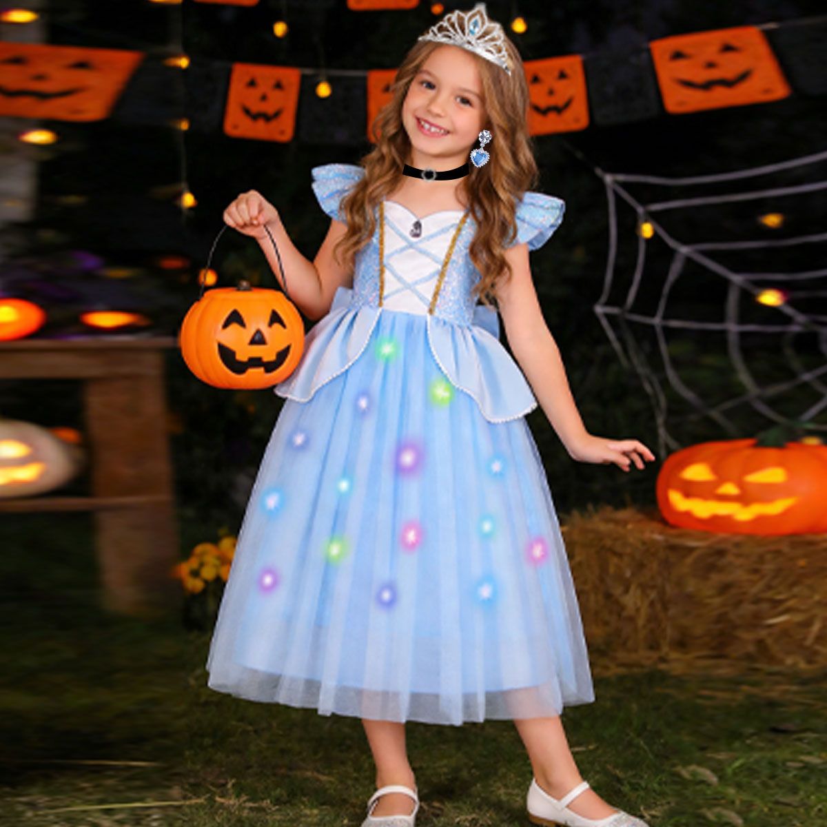Disfraz Princesa para Niñas Vestido Azul Luminoso miniatura 7