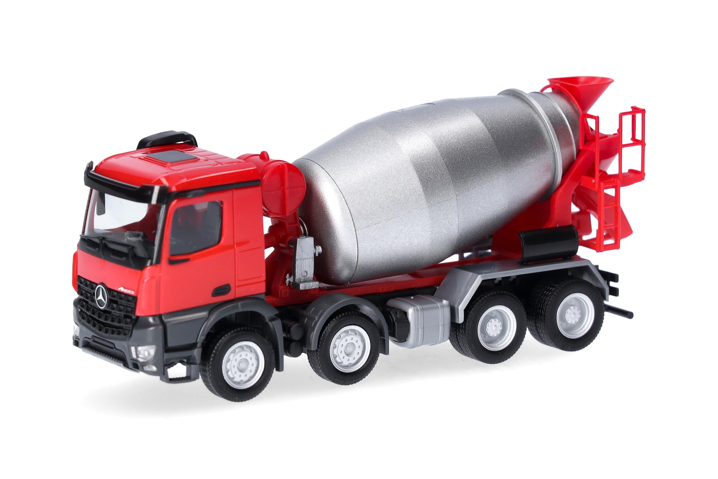 Herpa LKW Modell Mercedes-Benz Arocs M Betonmischer-LKW 4-achs, rot/Silber, Miniatur im Maßstab 1:87, Sammlerstück, Made in Germany, Kunststoff
