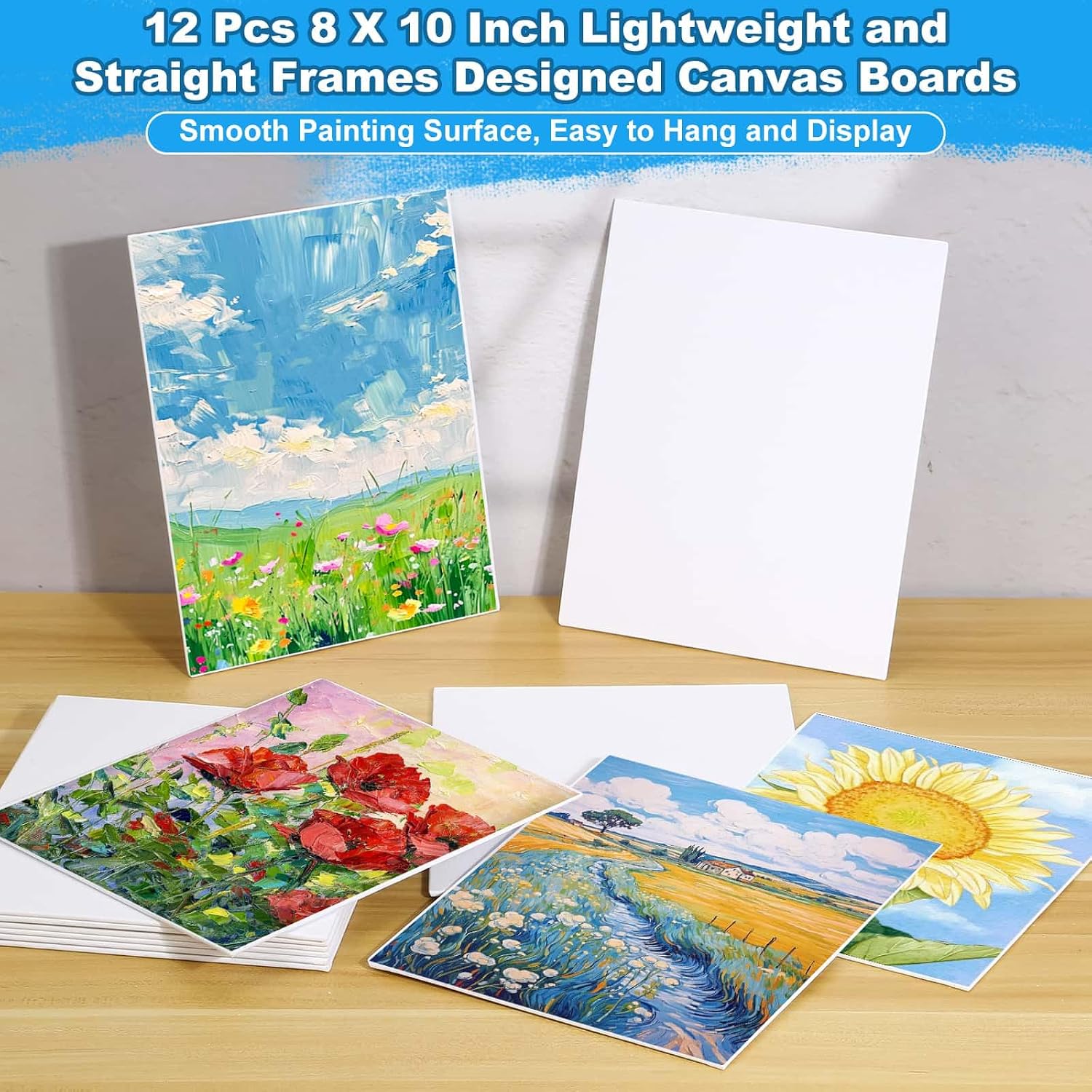 shynek 12 Pack Acrylic Painting Canvas with 12 Colors Paint Set 3.38 oz/Bottle, 12x8 Inch Blank Canvas Artist Brushes for Adults Couples Beginners Sip and Paint Party