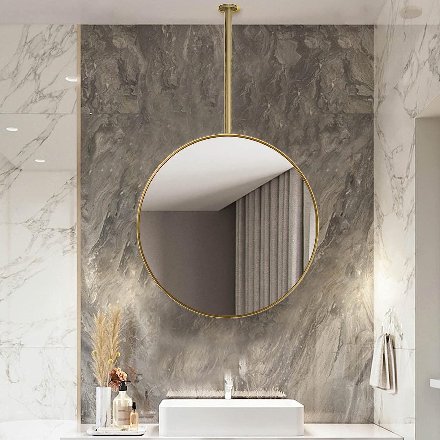 Miroir Rond Suspendu Au Plafond - 40 Cm, Avec éclairage LED Tricolore, Pour Salle De Bain, Chambre Ou Dressing