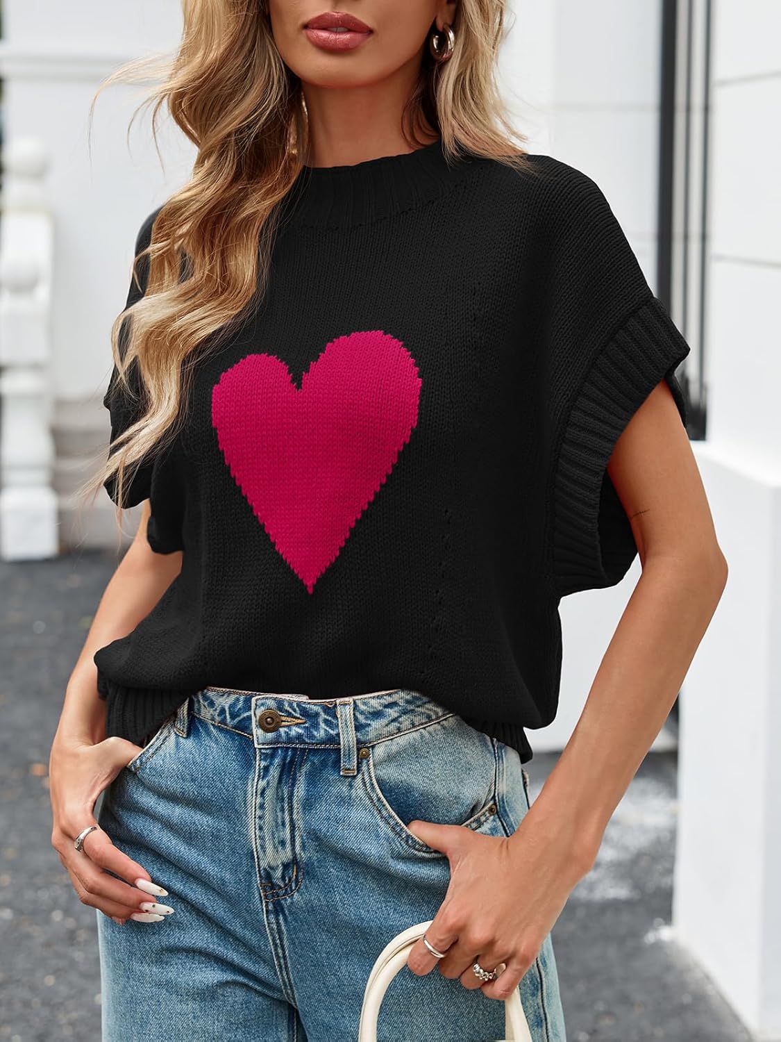 Saodimallsu Womens Cap Sleeve Cropped Sweater Mock Neck Cute Heart Loose Valentine Knit Tank Tops - Image 5