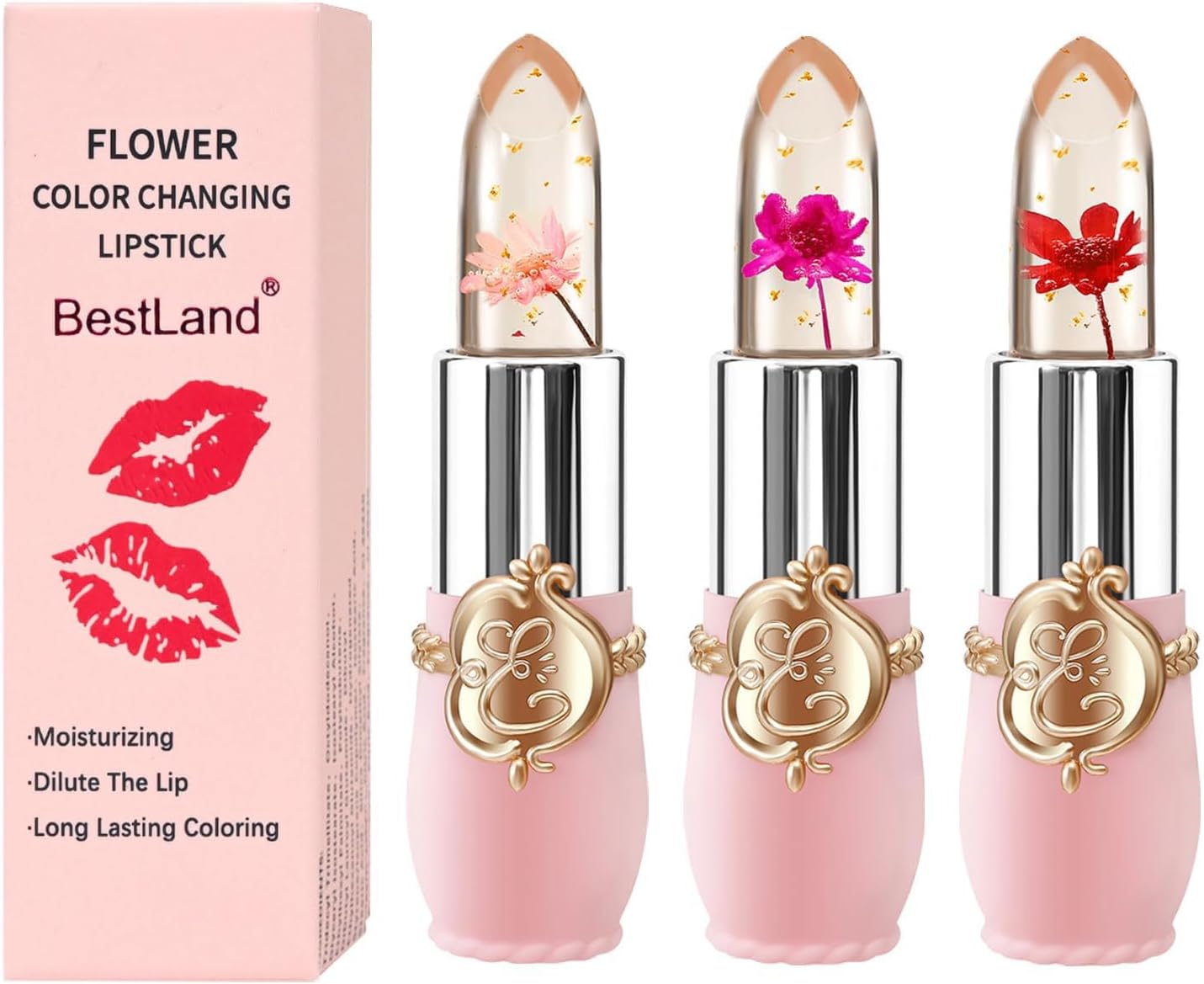 3 Packs Flower Jelly Lipstick Set Magic Temperature Color Change Lip Balm Long Lasting Moisturizer Lip Gloss Flower Jelly Lipstick Makeup Set (3PCS Set A)