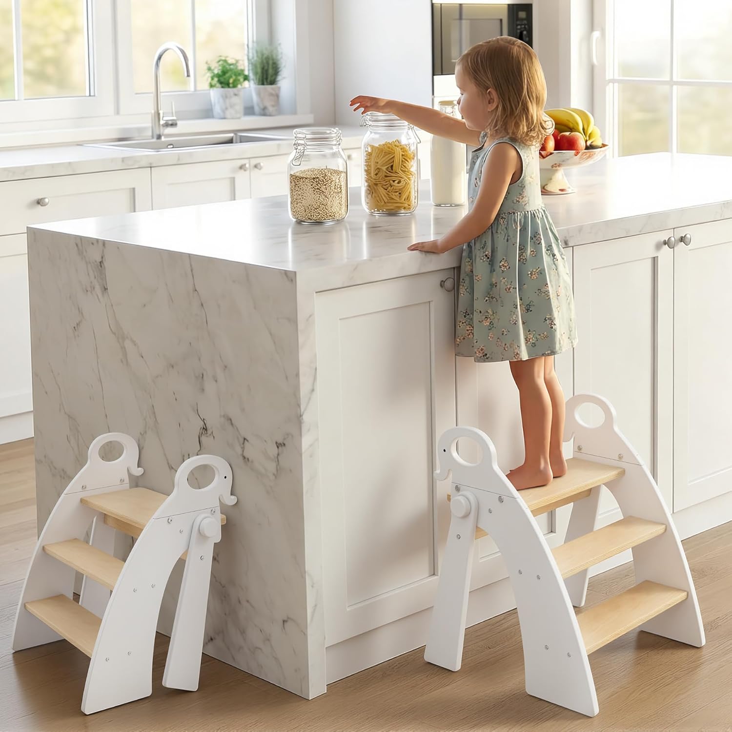 Wooden 3 Step Stool for Toddlers, Step Stool for Kids Bathroom Sink, Foldable Non Slip Kids Toilet Potty Training Stool with Handles for Nursery Bedroom, Child Kitchen Counter Stool Helper, White