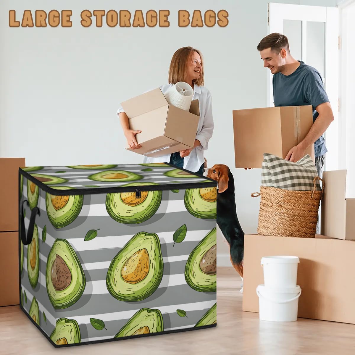 Honeybaby 214L Extra Large Comforter Storage Bag Avocado Stripes Storage Totes with Lids Waterproof Closet Organizer Folding Blanket Storage Bags for Clothes Bedding Pillows