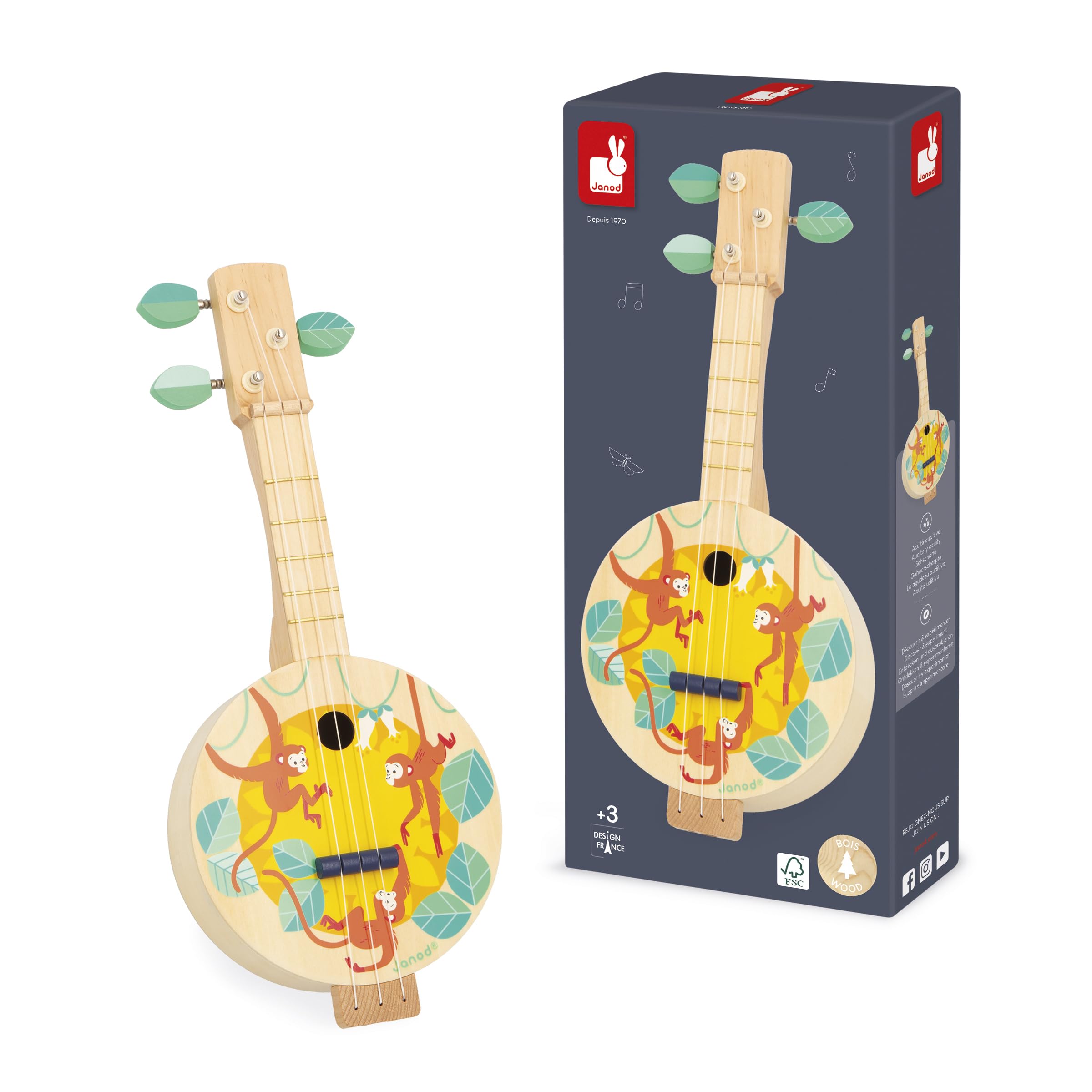 Janod - Banjo aus Holz - Musikinstrument für Kinder - 3 Ersatzsaiten enthalten - Spielzeug zur Imitation und musikalischen Früherziehung - Banjo Guitar Kind - Ab 3 Jahre - J07661