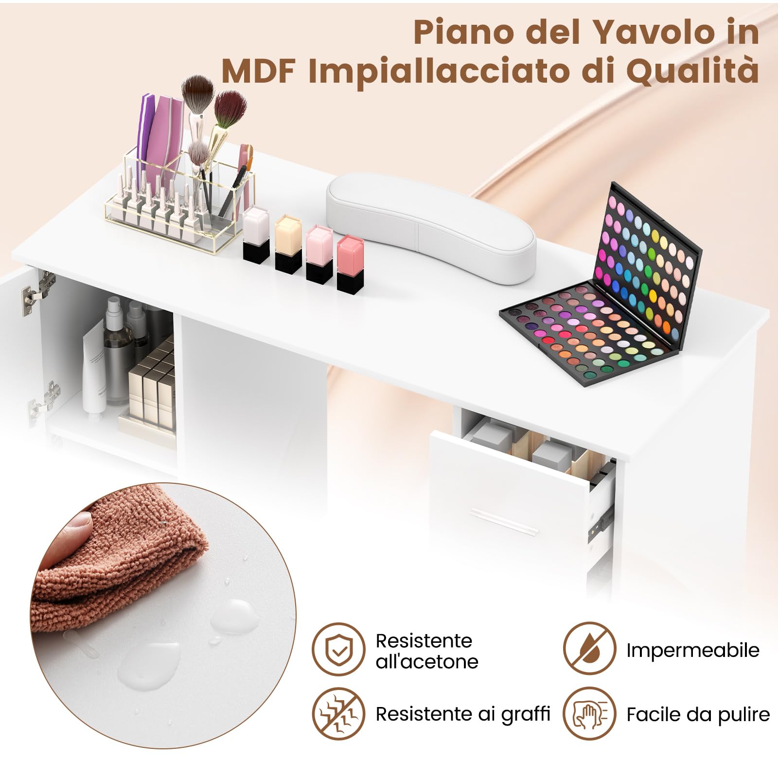 Tavolo da Manicure in Legno con Cassetti e Armadietti, Poggiapolsi Rimovibile, Gambe in Metallo, Bianco