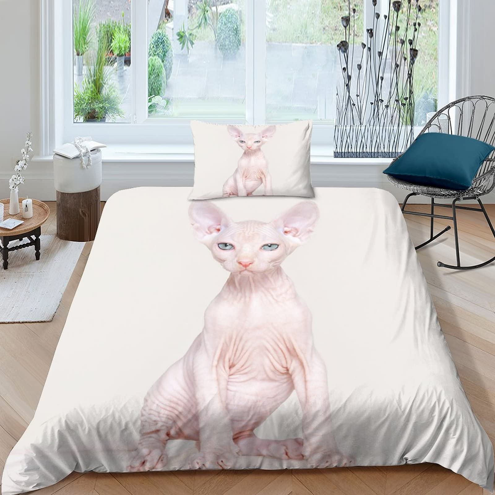 taimowei Hairless CatsDuvet Cover Set 3D Printed Quilt Cover Microfiber Bedding Set Ultra Soft Hypoallergenic Comforter Cover ​with Zipper Closure for Teen Adult Single（135x200cm）