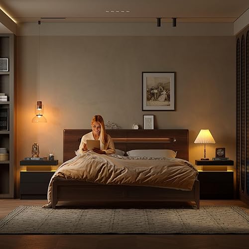 Miniatura 58 de Generic Juego de 2 Mesita de noche con 2 cajones, mesa de noche con cajones para muebles de dormitorio, mesa auxiliar con luz LED Blanco,Negro