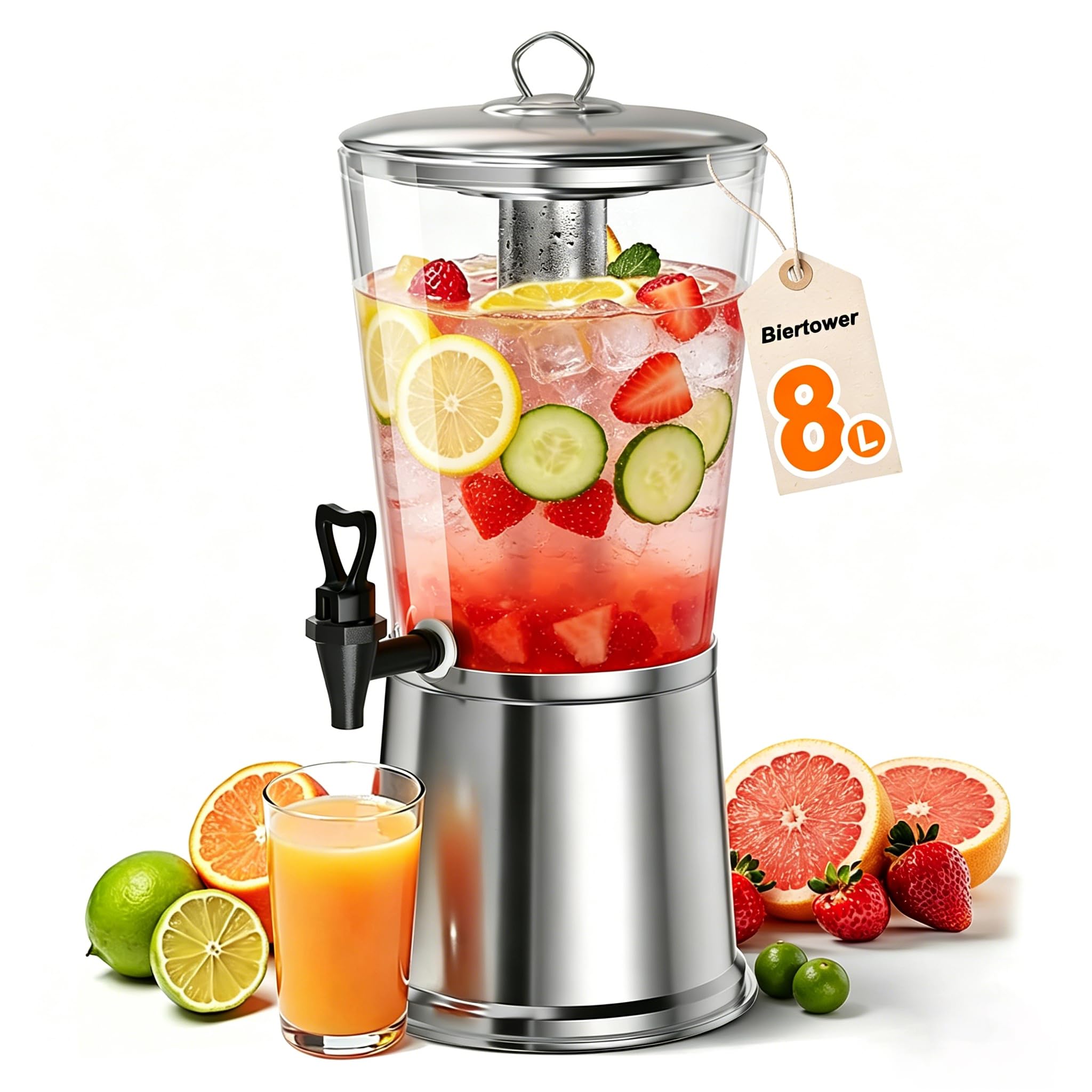 Biertower 8,0 Liter, Biersäule mit Zapfhahn und Ständer, Getränkespender mit Kühlung, für Limonade, Saft, Wasser, Getränke - Robuste Zapfsäule für Party, Grillen & Events Transparent/Silber