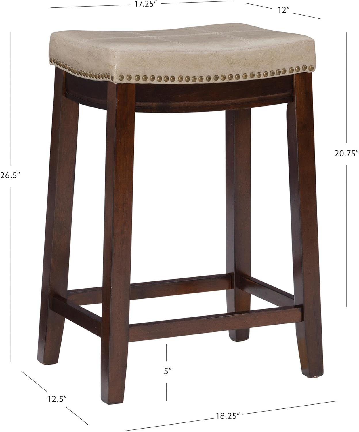 Linon Claridge Wood Set of 2 Counter Stools Beige Faux Leather Seats in Dk Brown