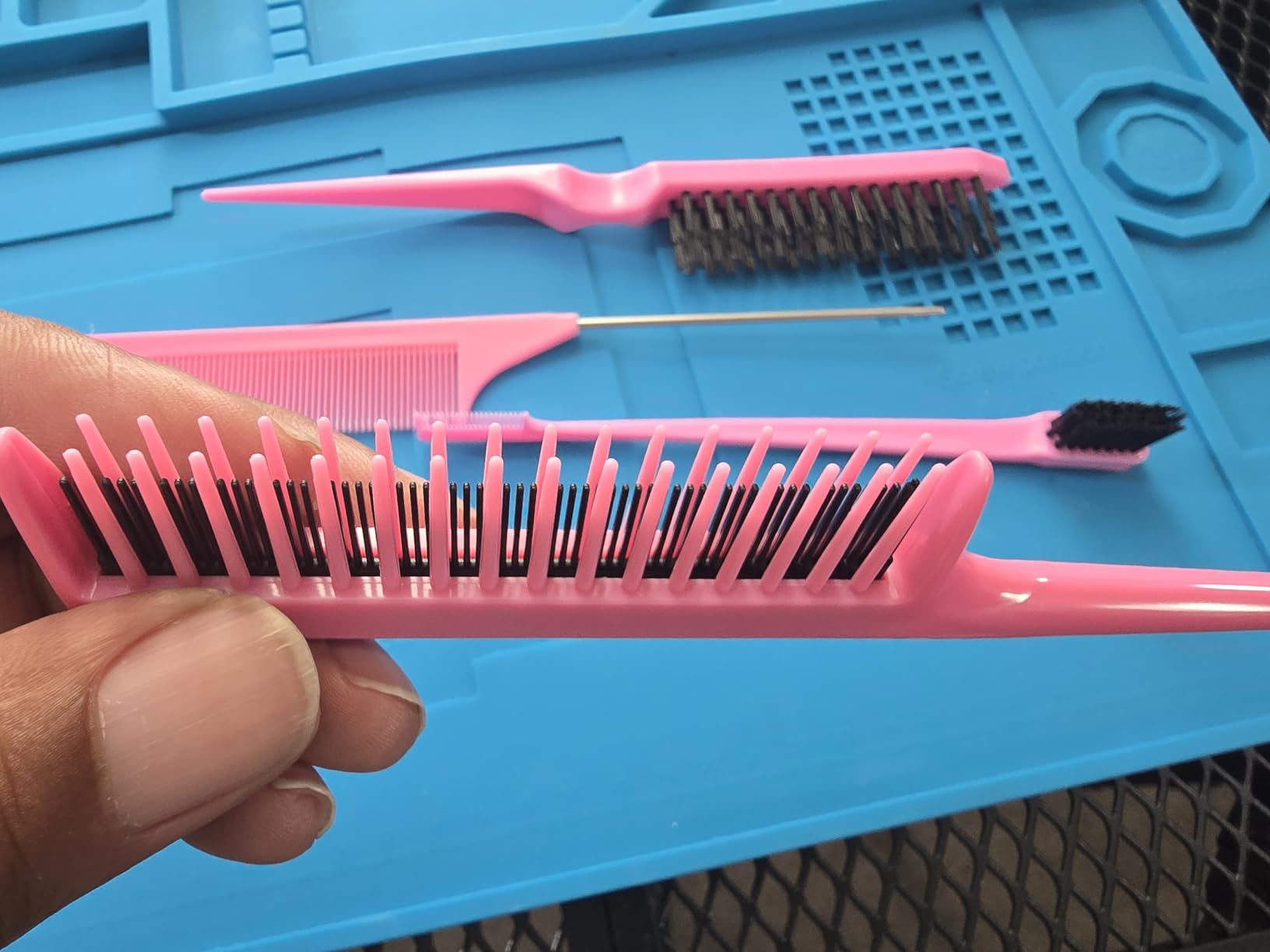 Aigee Hair Brush Set, Pink, 4 Piece, Three-Row Teasing Comb, Edge Brush, Rat Tail Comb for Women and Girls Styling