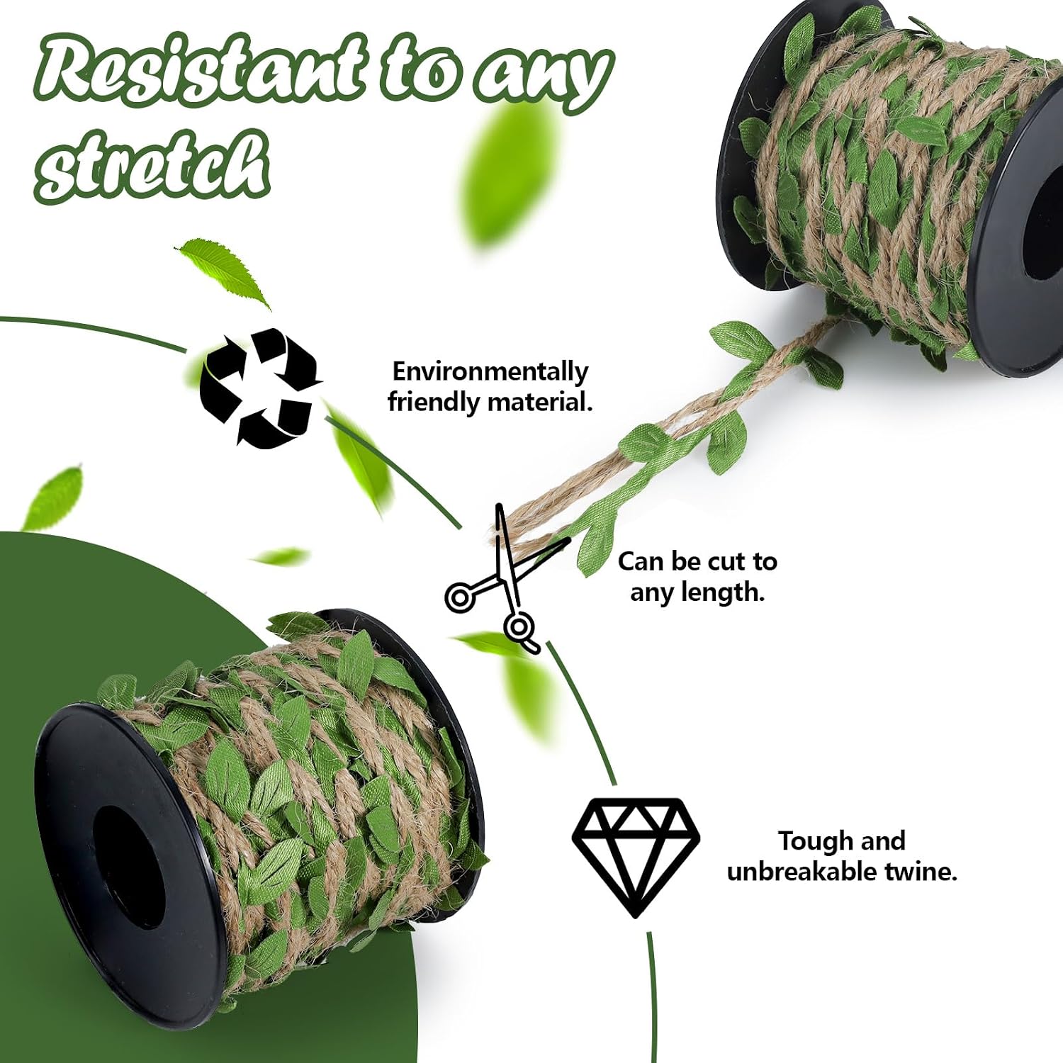 LELE LIFE 3 Rolls 33FT Natural Twine String, Artificial Leaf Jute Twine Rope Hemp Burlap Ribbon for Crafts, Decorative Vines for Jungle Safari Birthday Party Decorations, Green Leaf