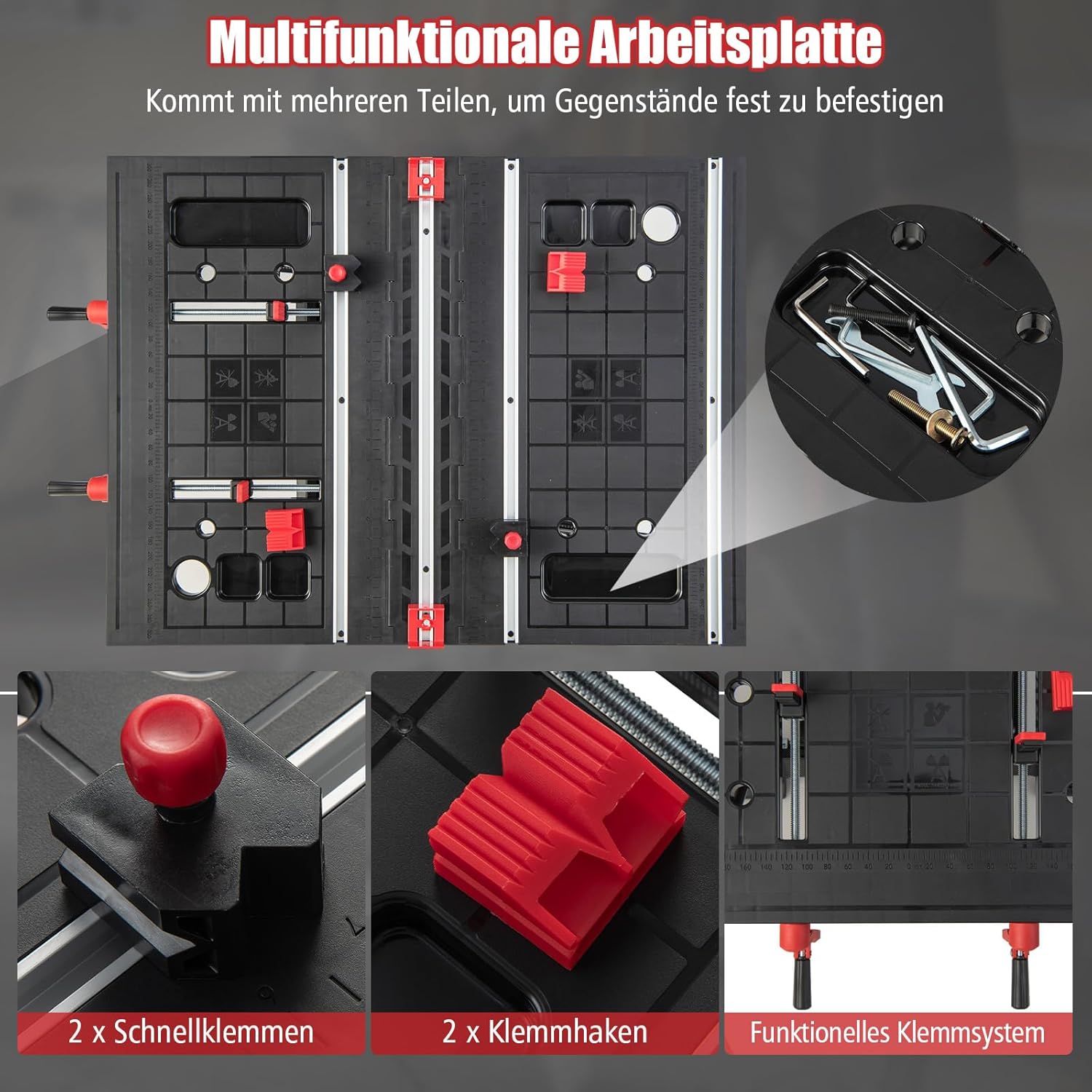 Workbench folded into a compact size for storage against a wall