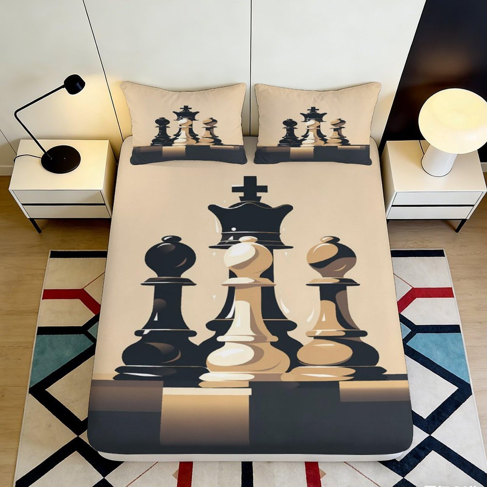 3D Printed Chess Pieces Fitted Sheet Microfiber Soft Anti-Slip Artistic Bed Cover for Bedroom Dorm Mattress Decor 90x200x25cm