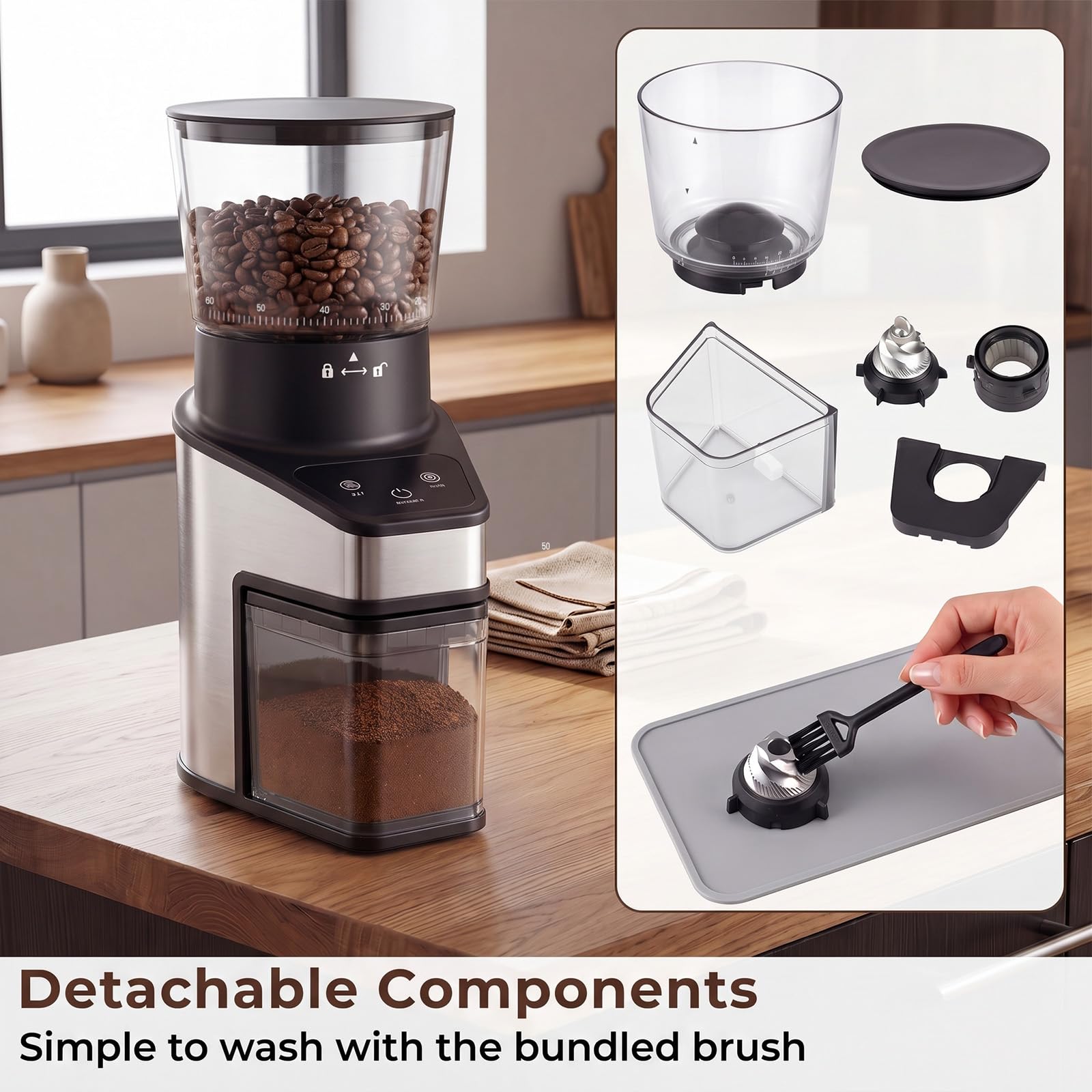 LIFEZEAL Molinillo de café eléctrico con cono, 60 niveles, 1-8 tazas, molinillo eléctrico de 150 W con tolva de 250 g, antiestático, silencioso, para expreso, goteo y prensa francesa, para casa y