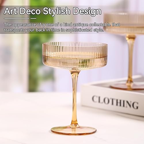 Miniatura 7 de Juego de 6 vasos de martini ámbar vintage Art Deco Amber Coupé Juego de 6 copas de cóctel de Martini acanaladas de 9 onzas  Juego de copas de cóctel