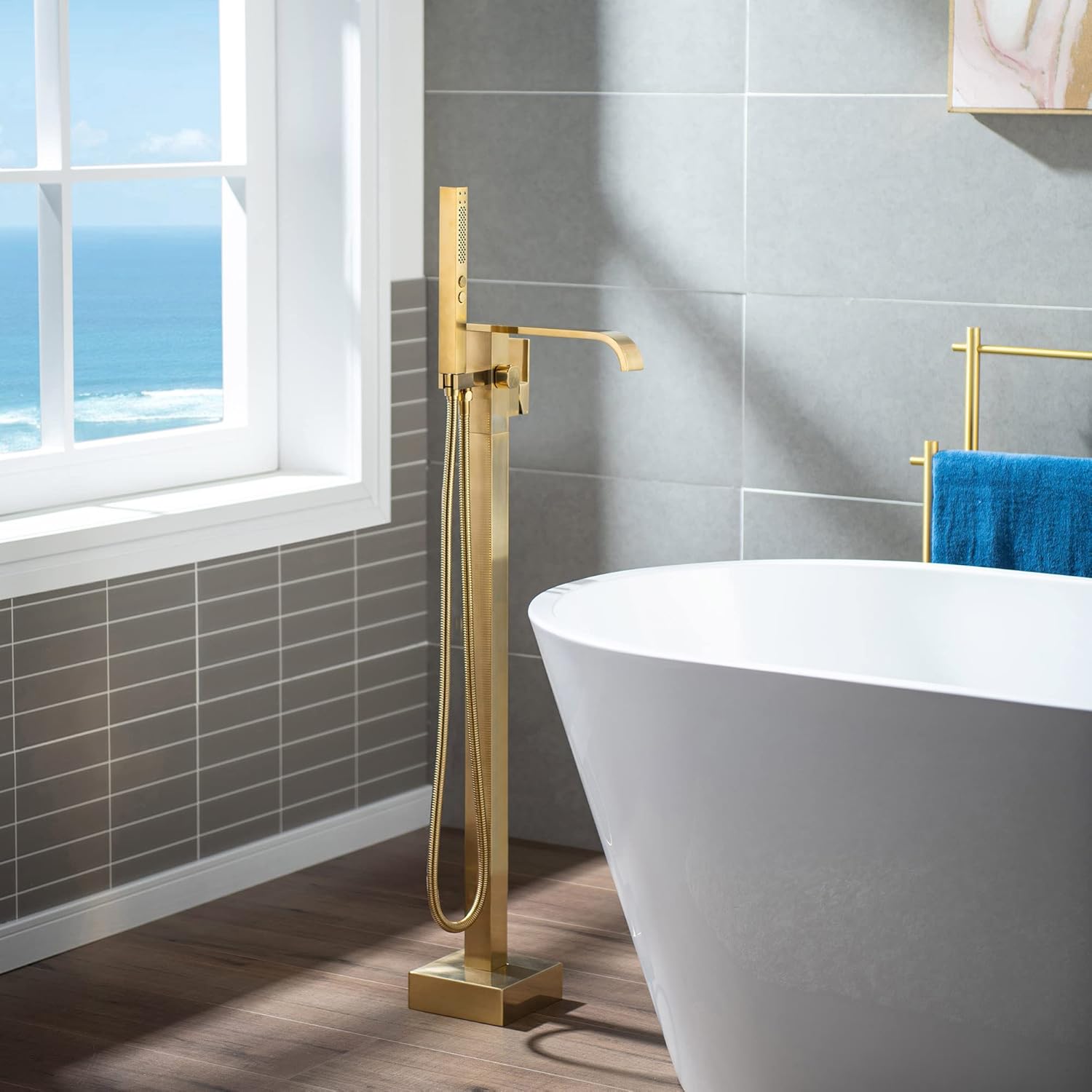 WOODBRIDGE F0039BG Contemporary Single Handle Floor Mount Freestanding Tub Filler Faucet with Hand shower in Brushed Gold Finish