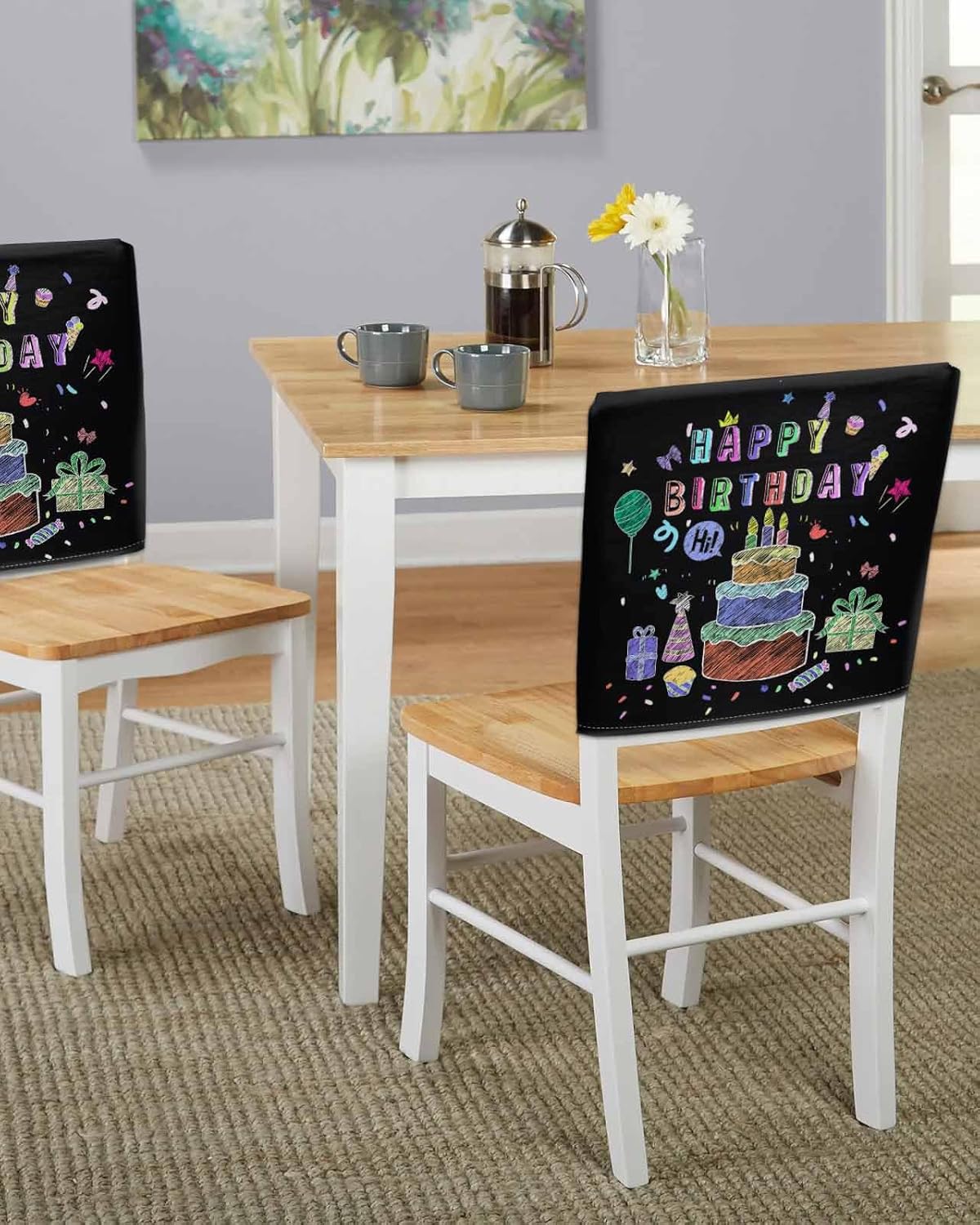 YOKOU Dining Chair Back Cover Set of 4, Happy Birthday Party Decoration Cake Balloon Gift Black Chair Protector Covers Removable Chair Slipcovers for Banquet Party 19x18 Inch