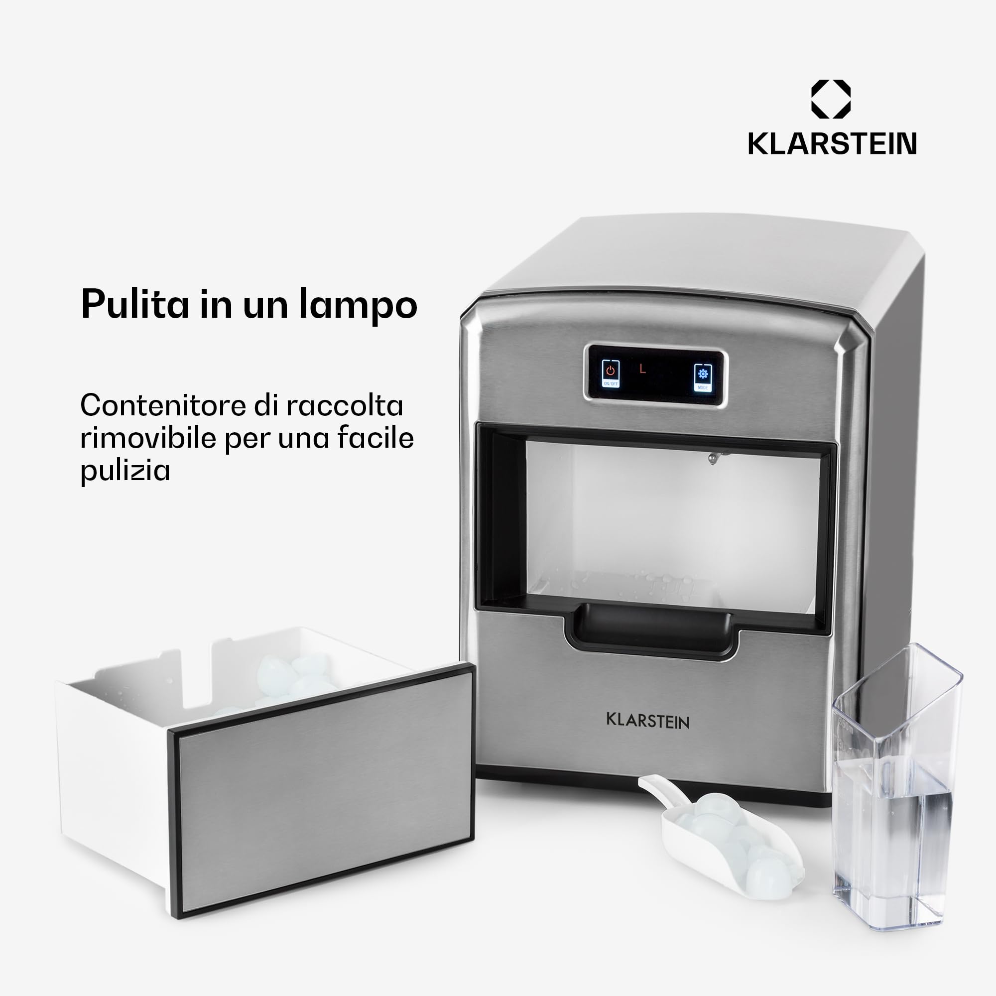 Klarstein Macchina Ghiaccio 2.1L, Macchina del Ghiaccio Professionale, Fabbricatore Secco Alimentare 12kg, Cubetti di 3 Diverse Dimensioni, Casa Autopulente Cocktail