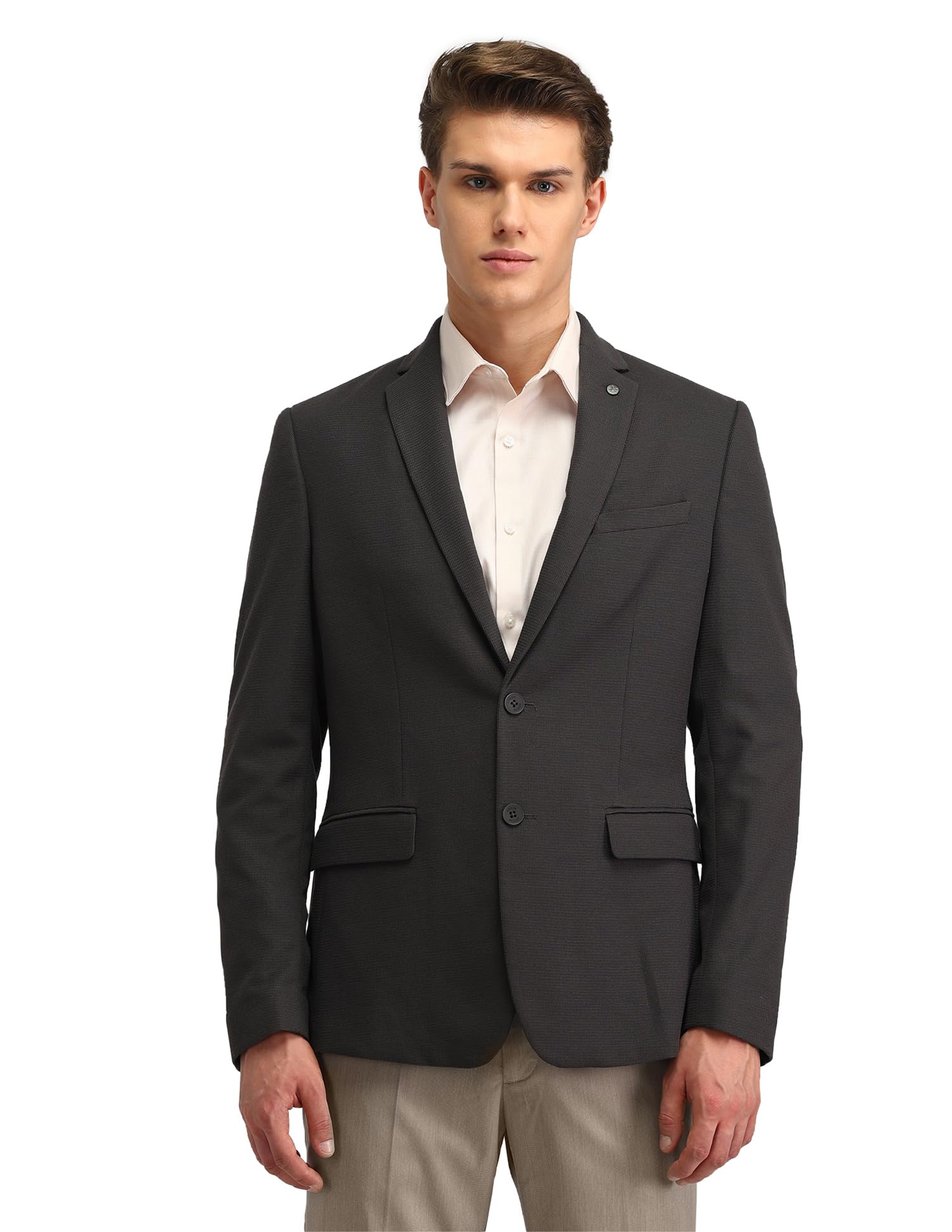 knitted textured pattern mens blazer with three pockets and double-vented back hem single breasted blazer