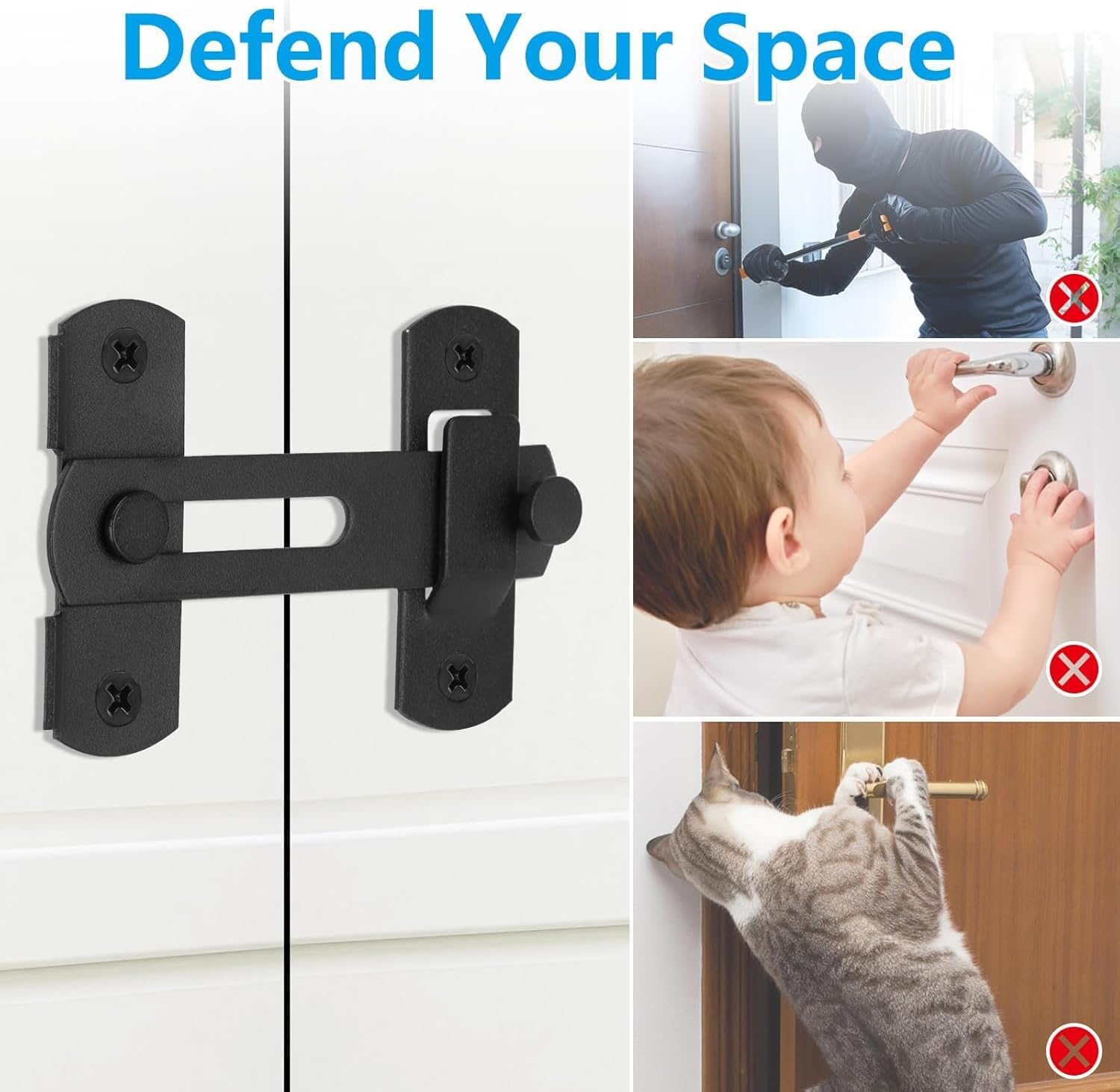 4-Inch​​ Black Barn Door Lock Sliding Cat Door Latch with Easy Installation, Rust & Scratch-Resistant,Door Latches Hardware for Barn,Screen,Bathroom,Garage, Cabinet (1 Pack)