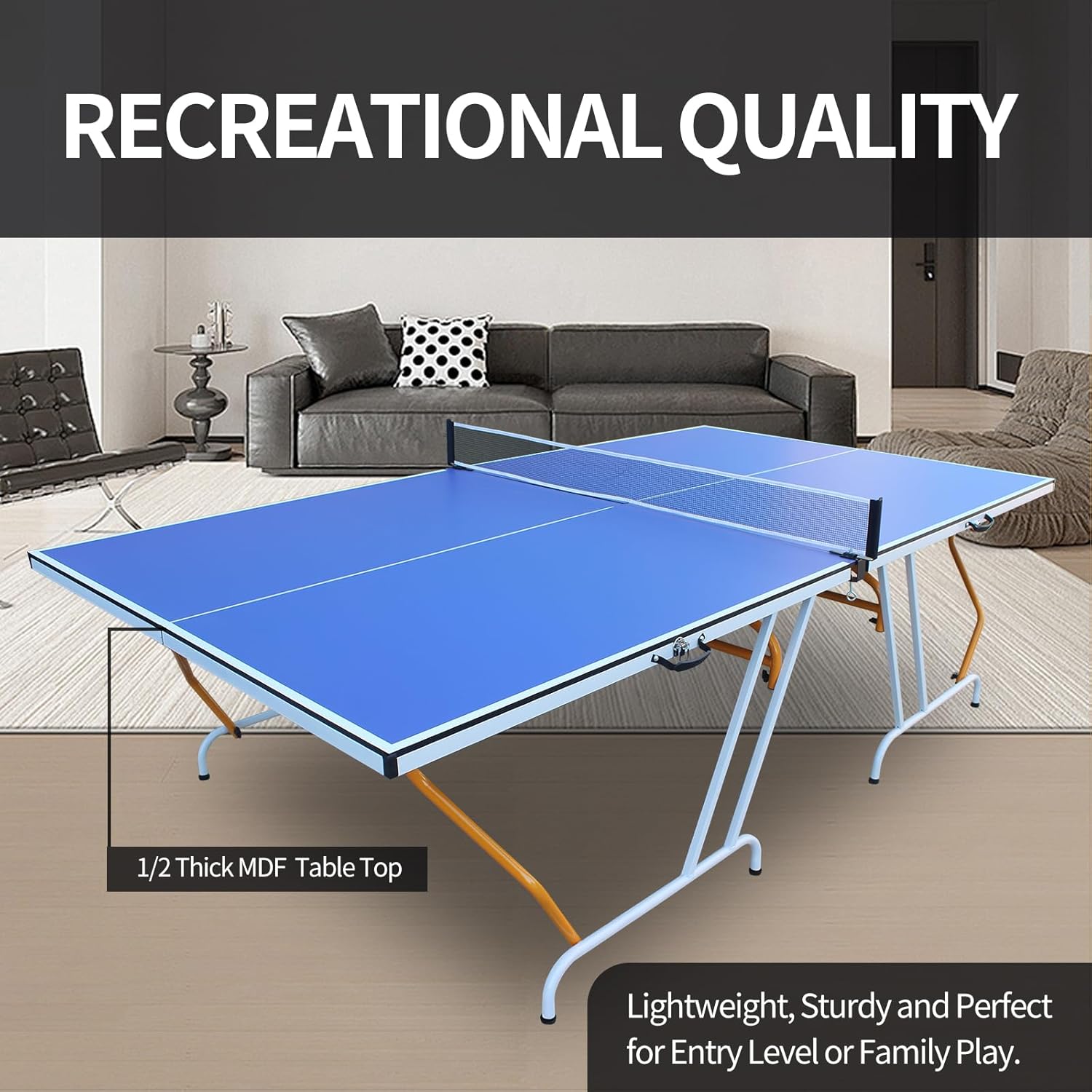 Professional Table Tennis Table, Foldable Ping Pong Game Set for Indoor, 8FT 9FT Single Player Playback Mode Ping Pong Table with Net and Post Set, 2 Paddles and 3 Balls (Blue & Yellow-9x5FT)