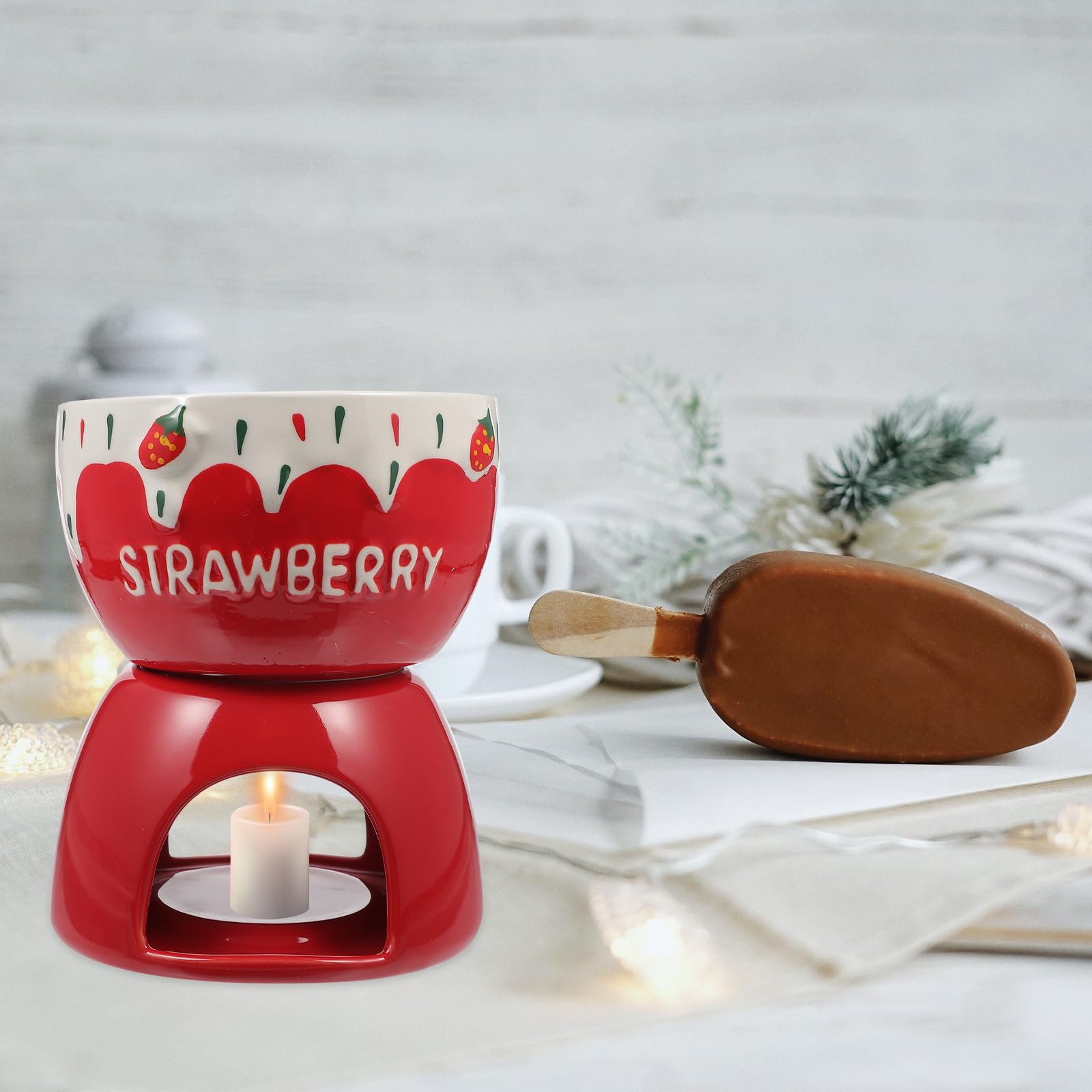 Olla de Cerámica para Fondue de Chocolate y Queso Calentador para Mantequilla, Diseño Fresa Rojo, Adecuado Obsequio para Amigos y Familia en Invierno