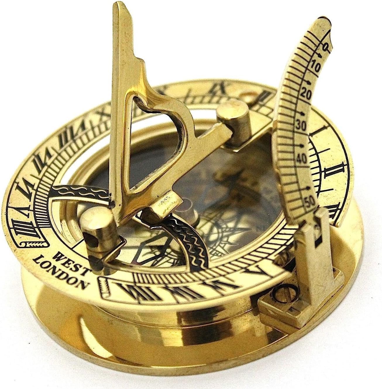Vintage Marine Solid Brass Antique Pocket Sundial Compass, Nautical Decor Big Brasss Sundial Clock with Wooden Box, Rustic Vintage Brass Compass for Home Decor Gifts, Hiking, Travelling.