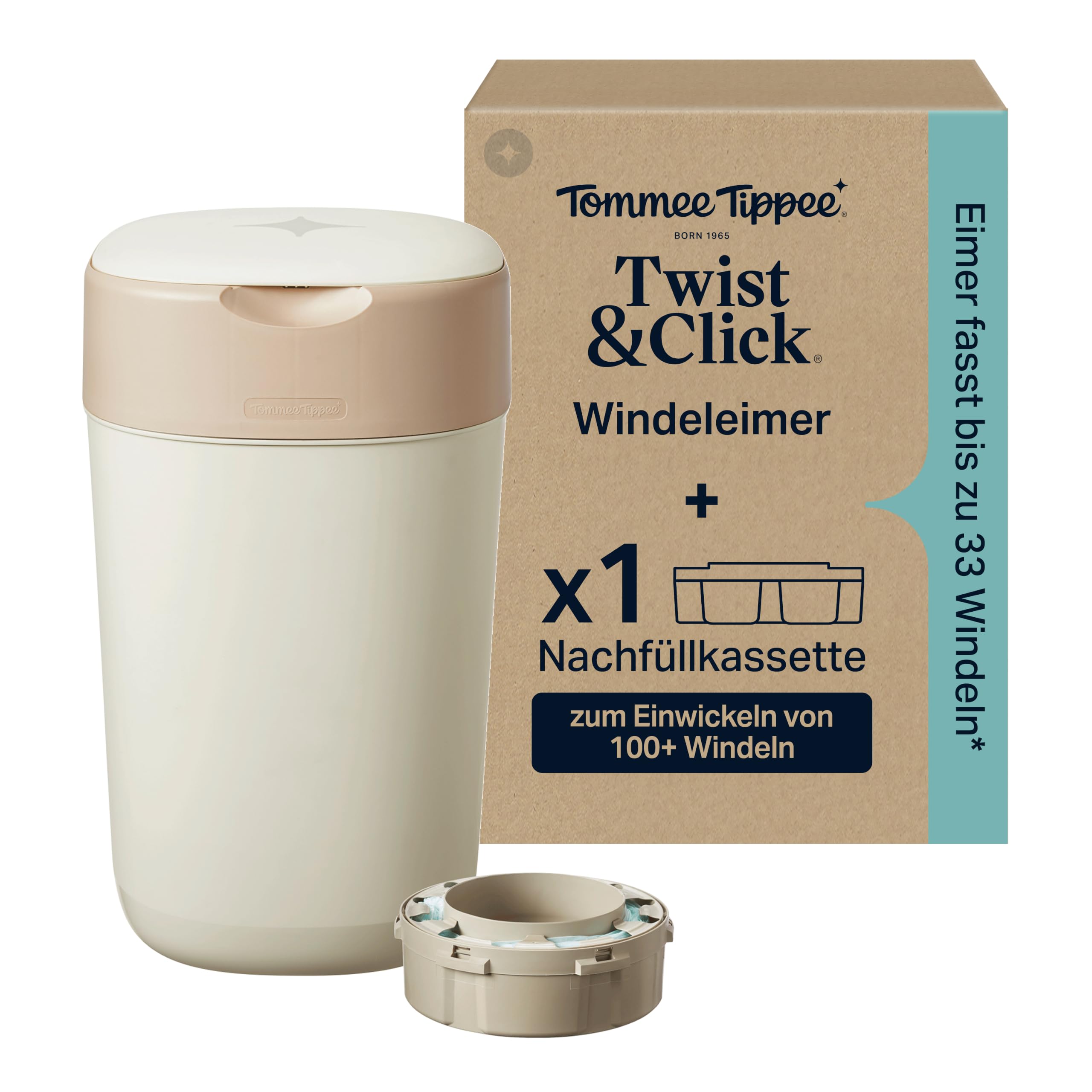 Tommee Tippee Twist & Click Windeleimer, 1x 10,5-m-Nachfüllkassette, Cremeweiß