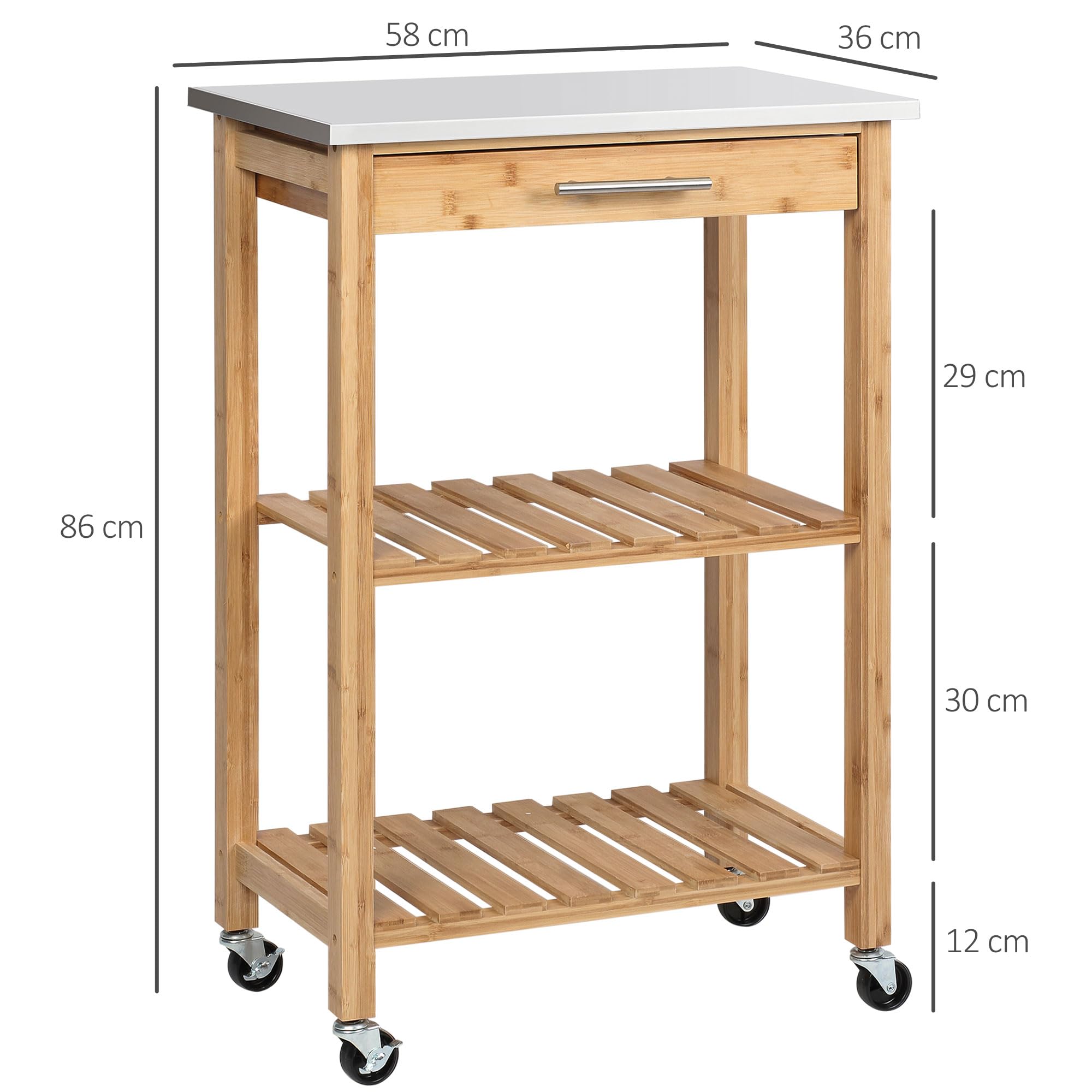 HOMCOM Carrito de cocina de bambú, carro de cocina ahorra espacio con tablero de acero inoxidable, cajón y estantes de láminas, carro frutero y verduras, para salón salón salón natural