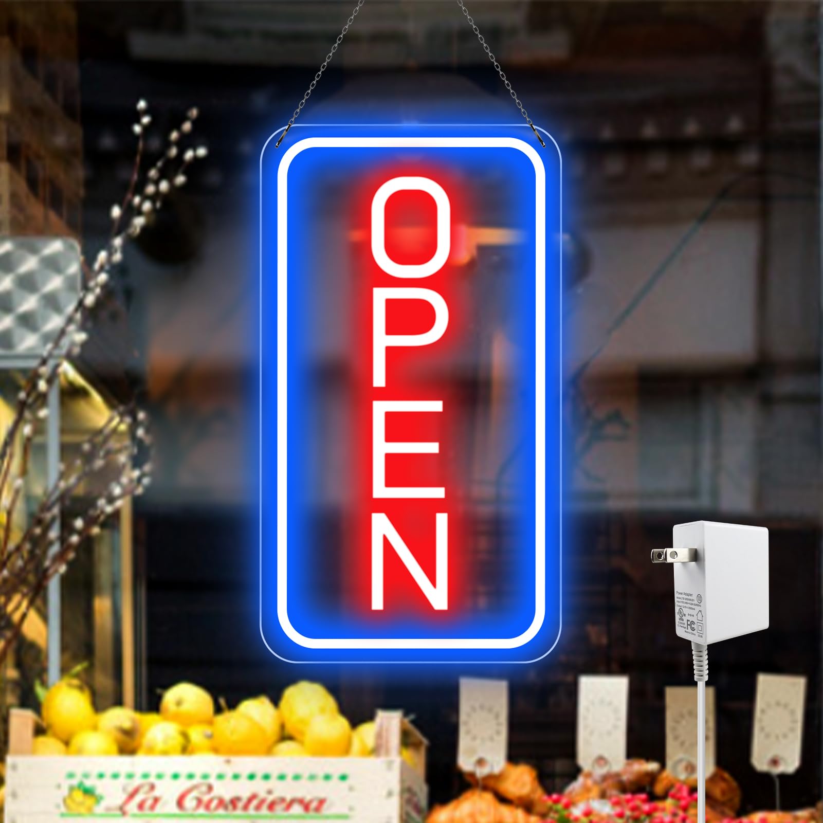Ultra jasne znaki LED dla biznesu, 40 x 23 cm, neonowy otwarty znak, pionowy znak świetlny z adapterem ON/OFF do okien, barów, kawiarni, hoteli, kwiaciarni, klubów, restauracji, salonów fryzjerskich