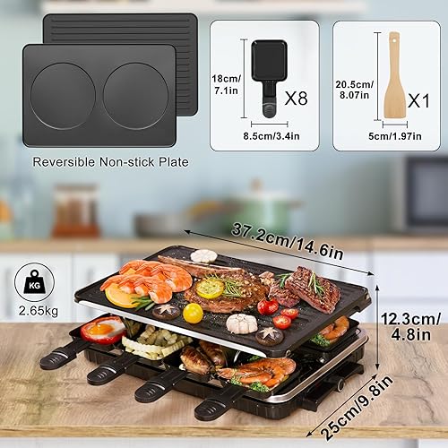 Miniatura 7 de Raclette Grill - Parrilla eléctrica sin humo, parrilla coreana para barbacoa, 2 en 1, antiadherente con 8 bandejas de queso Raclette, control de