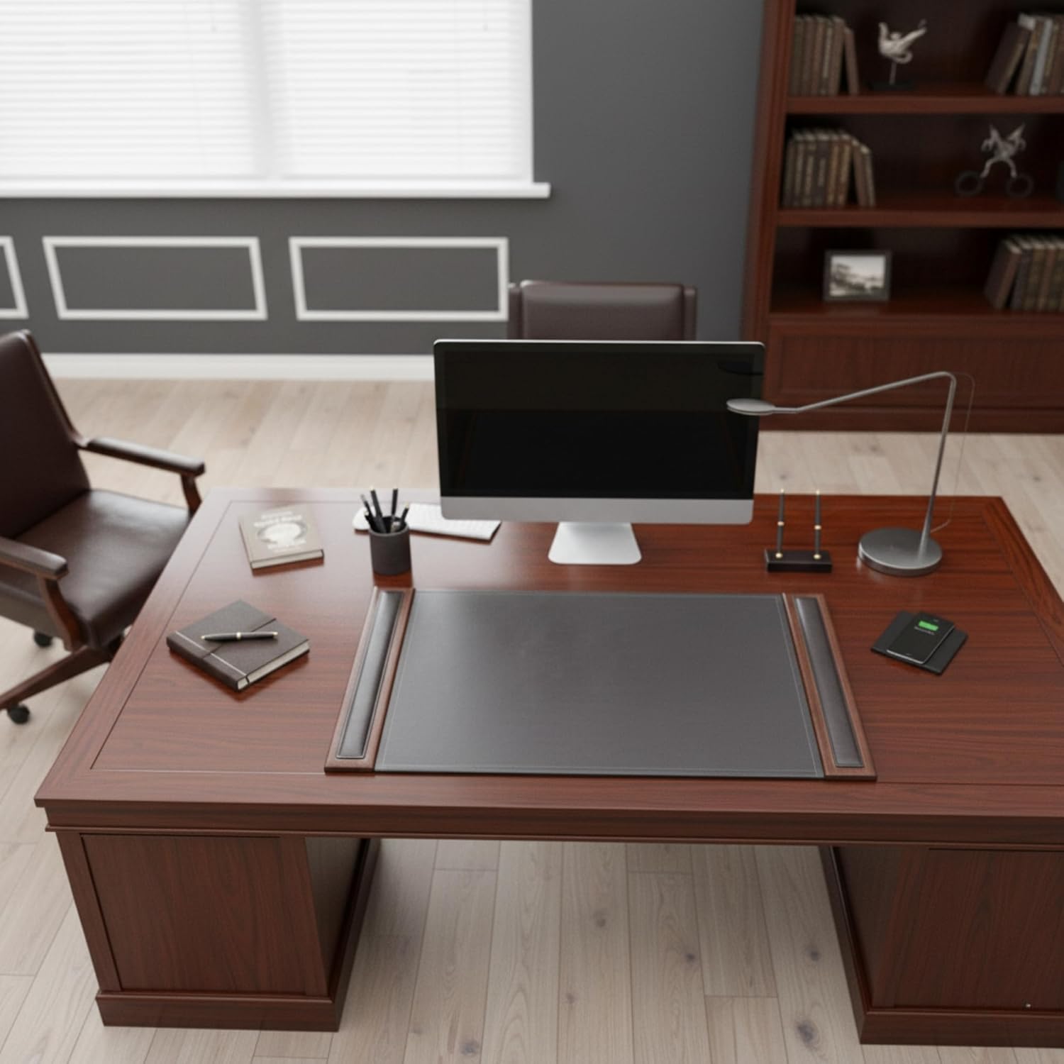 Dacasso Wood & Leather Pad with Side Rails Luxury Leather Desk Blotter for Writing, 34” x 20”, Walnut & Black