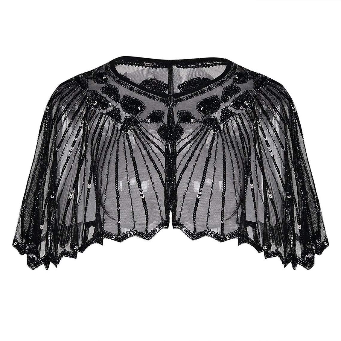 Central Chic Women's Black Sequins © Vintage Sequin Capelet Beaded Shawl Scarves Wedding Bridal Evening Cape Flapper Gatsby 1920S Christmas Party Cover Up Sparkly Shawl (Black Sequins)