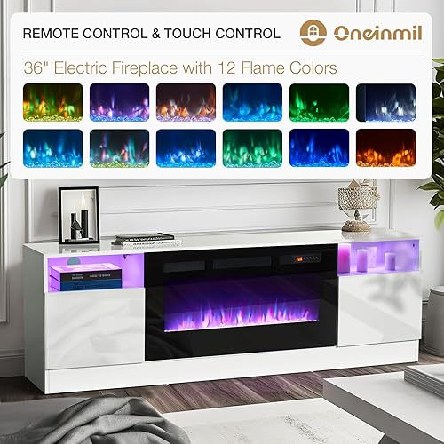 Miniatura 4 de oneinmil Soporte de TV para chimenea con chimenea eléctrica de 36", centro de entretenimiento con luz LED, gabinete de almacenamiento moderno con