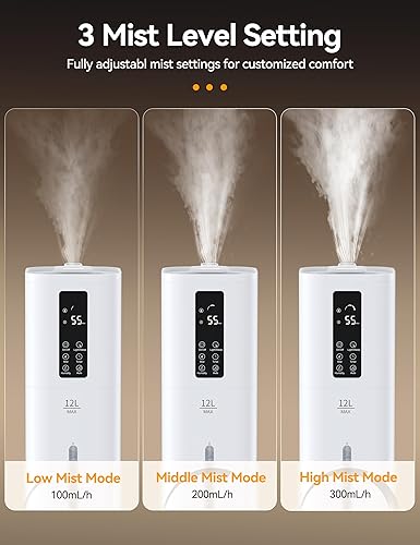 Miniatura 4 de VAGKRI 12L Humidifiers for Large Room, Last 120 Hours, Cover up to 1000ft², Top Fill Ultrasonic Cool Mist Humidifier, 3 Mist Level, 24H Timer,
