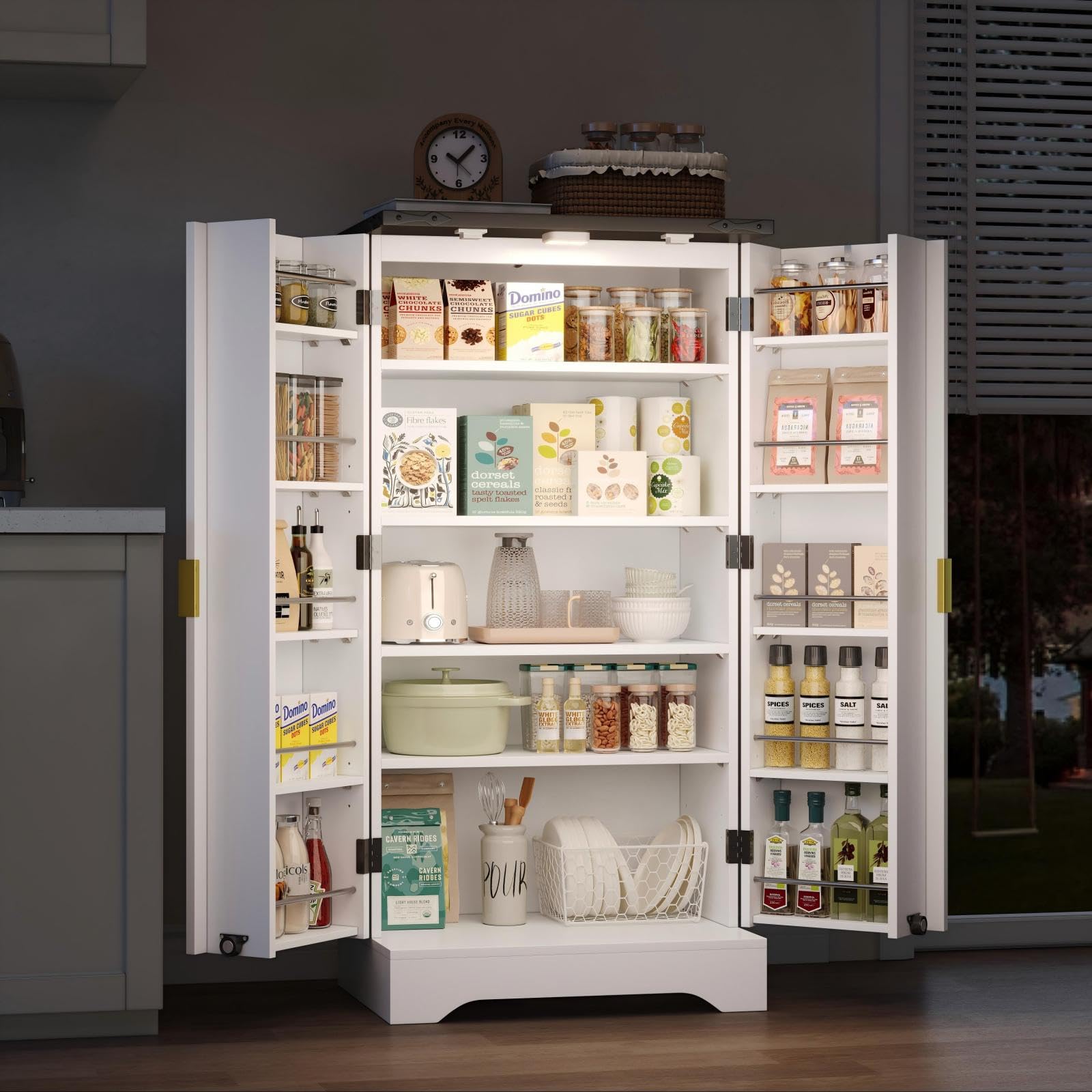 Küchenschrank mit Doppeltür, Haushaltsschrank mit Verstellbare Einlegeböden und Stauraum, Moderner Mehrzweckschrank mit Fächer, für Esszimmer Wohnzimmer, Küche, Streifendesign, Weiß (60.5x40x120cm)
