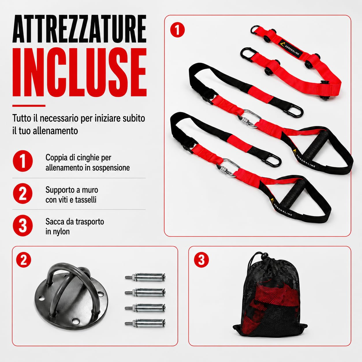 Suspension Trainer Adrenaline per Allenamento in Sospensione, Cinghie Regolabili 140-190 cm con Door Anchor, Supporto a Muro e Sacca, Attrezzo Fitness per Corpo Libero, Home Gym e Functional Training