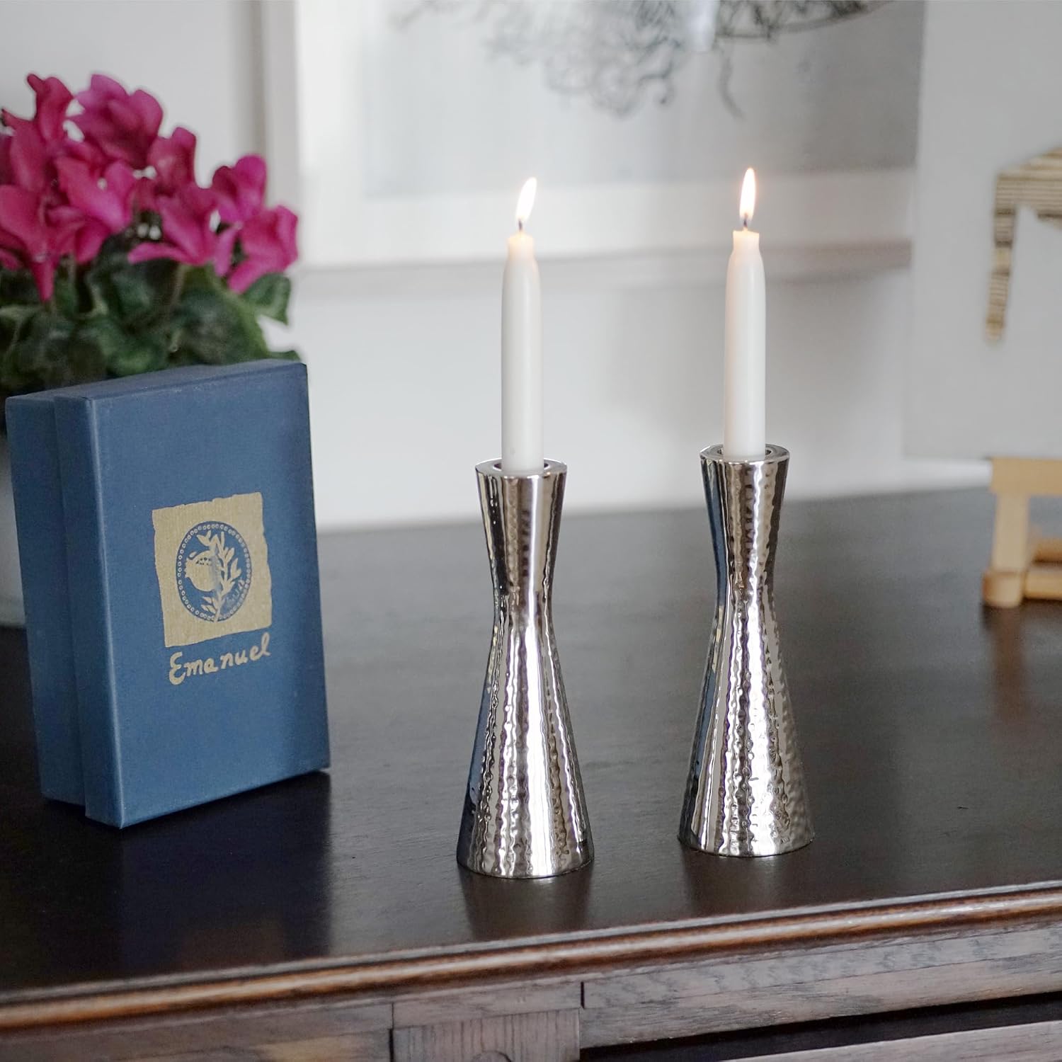 Yair Emanuel Modern Hammered Pillar Candle Holders | Shabbat Candlestick Holders | Minimal Tapered Design (6.9" CP-1) image 3