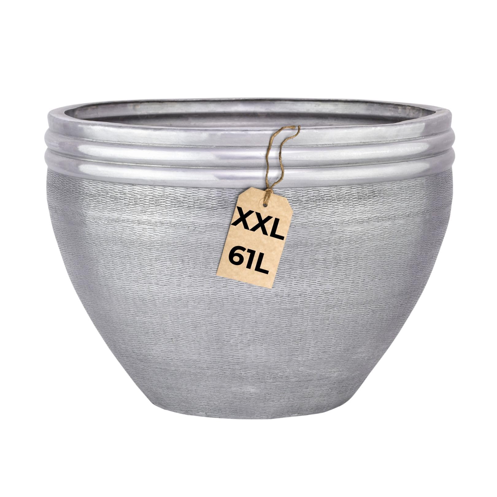 Marrakesch XXL Aluminiowa donica na kwiaty, Ø 47 cm, srebrna matowa, 61 l, duża, okrągła, do użytku na zewnątrz, do wnętrz, do ogrodu, na balkon i do salonu