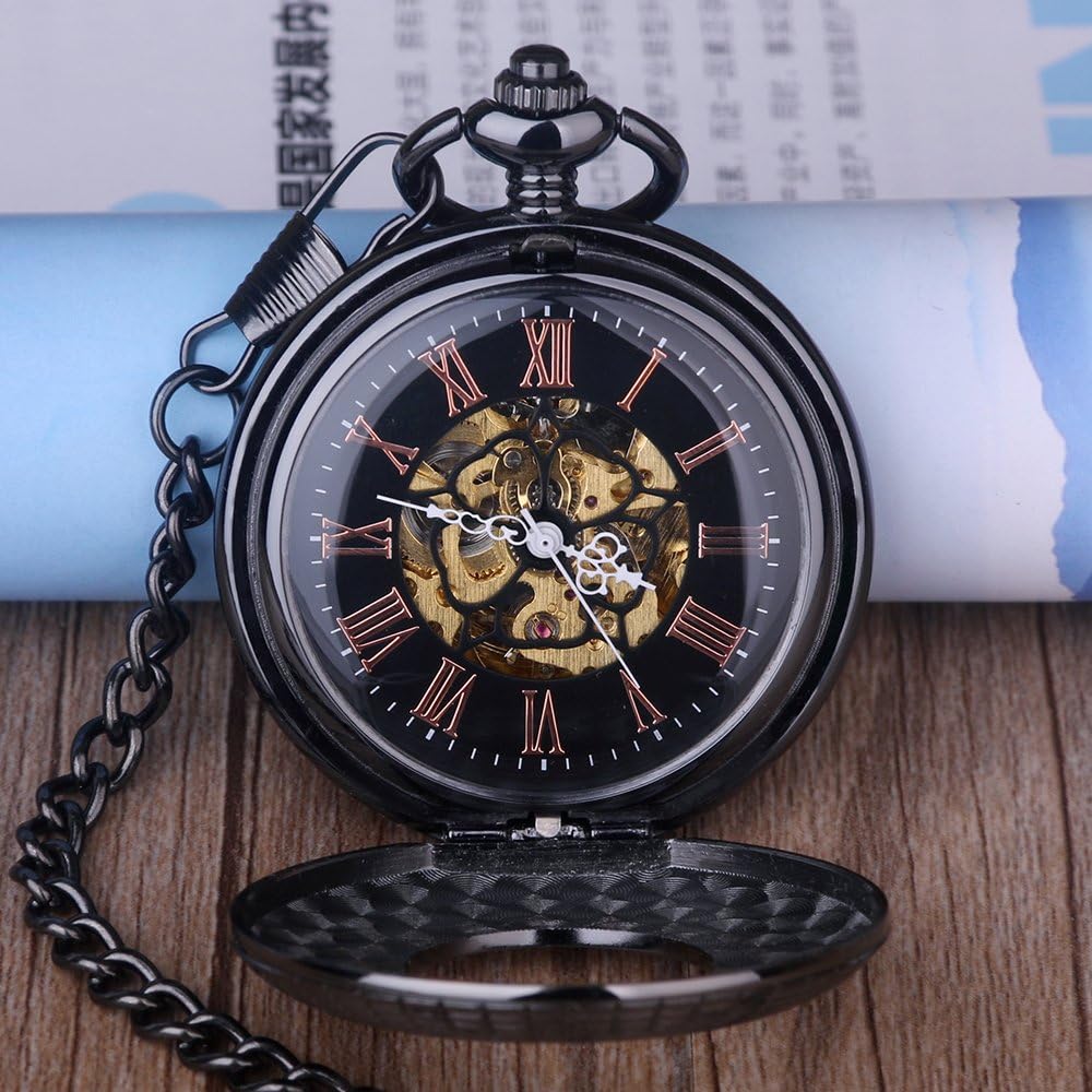 Pocket Watch Hand-Wind Mechanical Men's Pocket Watch Steampunk Wood Grain Design with Chain & Box