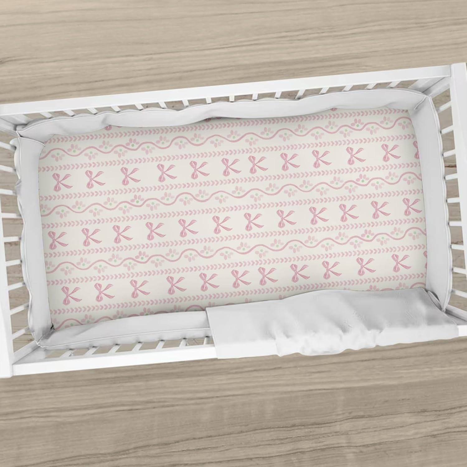 Pink Bows Boho Floral Baby Boys Girls Crib Sheets Cute Bows Flowers Striped Baby Sheet Pastel Girly Ribbons Fitted Crib Mattress Cover for Standard Crib Toddler Mattress 28"x52"