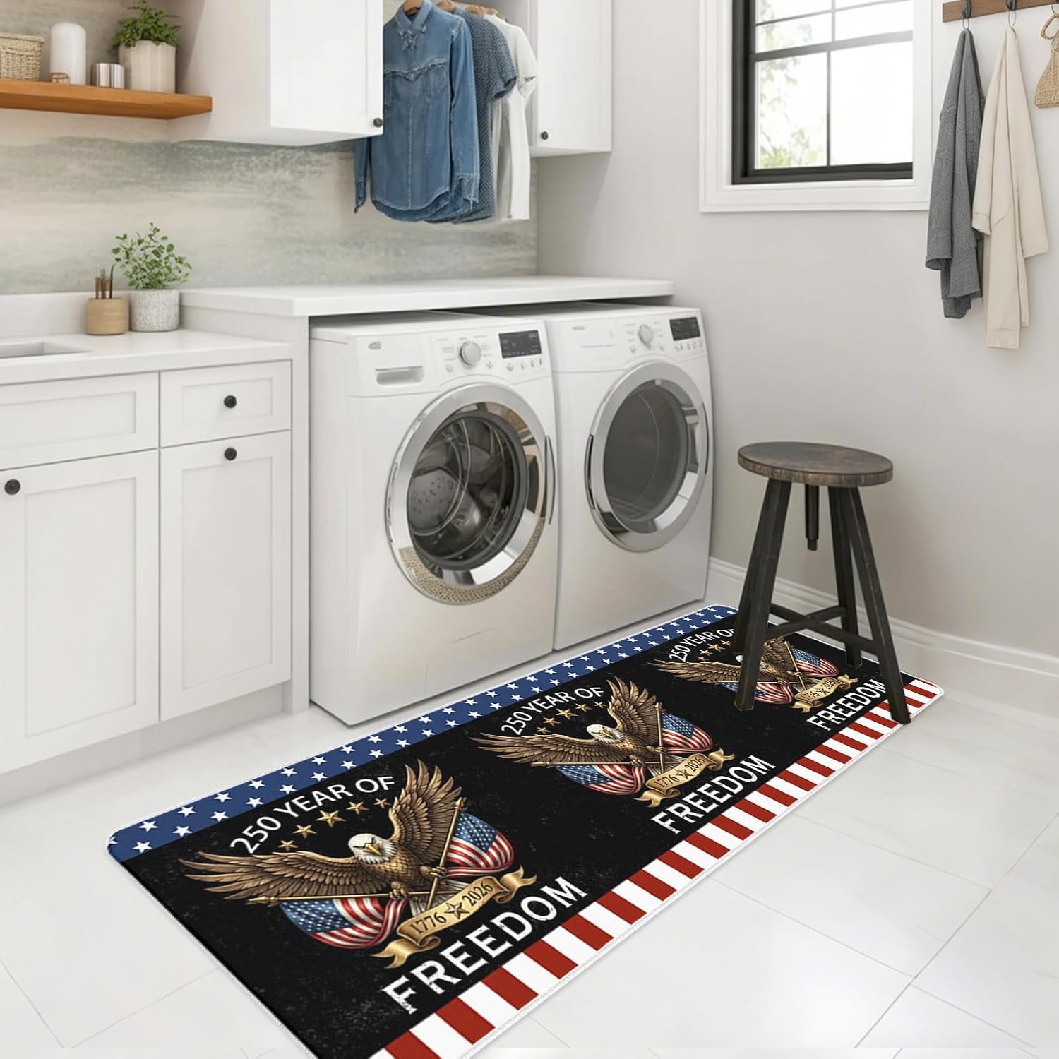 Independence Day Kitchen Mats Set of 2 American 250 Years of Freedom Bald Eagle Non Slip Mat Washable Floor Rug for Kitchen Sink Floor Laundry, 19.7"x31.5"+19.7"x63"